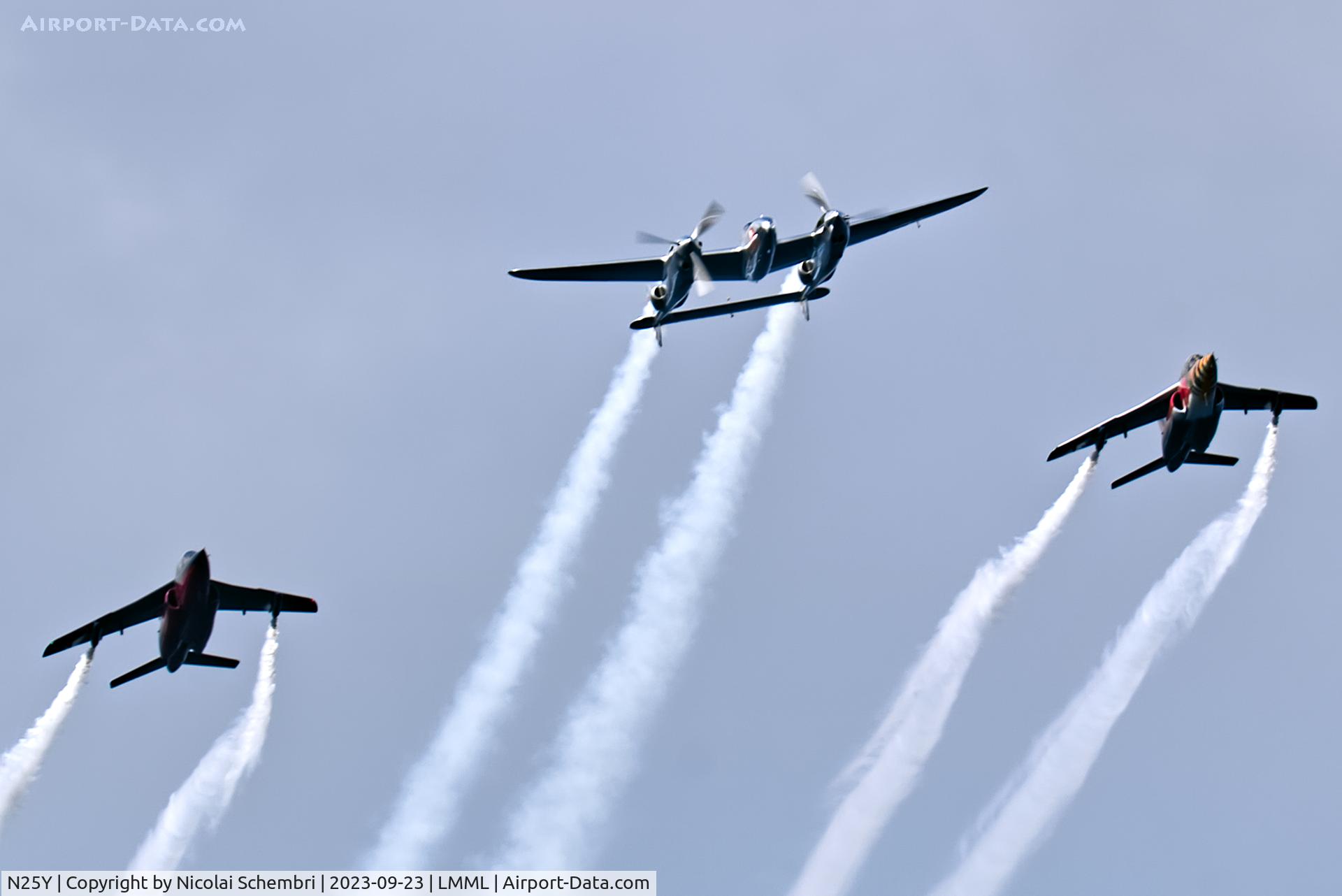 N25Y, 1944 Lockheed P-38L-5LO Lightning C/N AF44-53254, Flying display at the Malta International Airshow 2023.