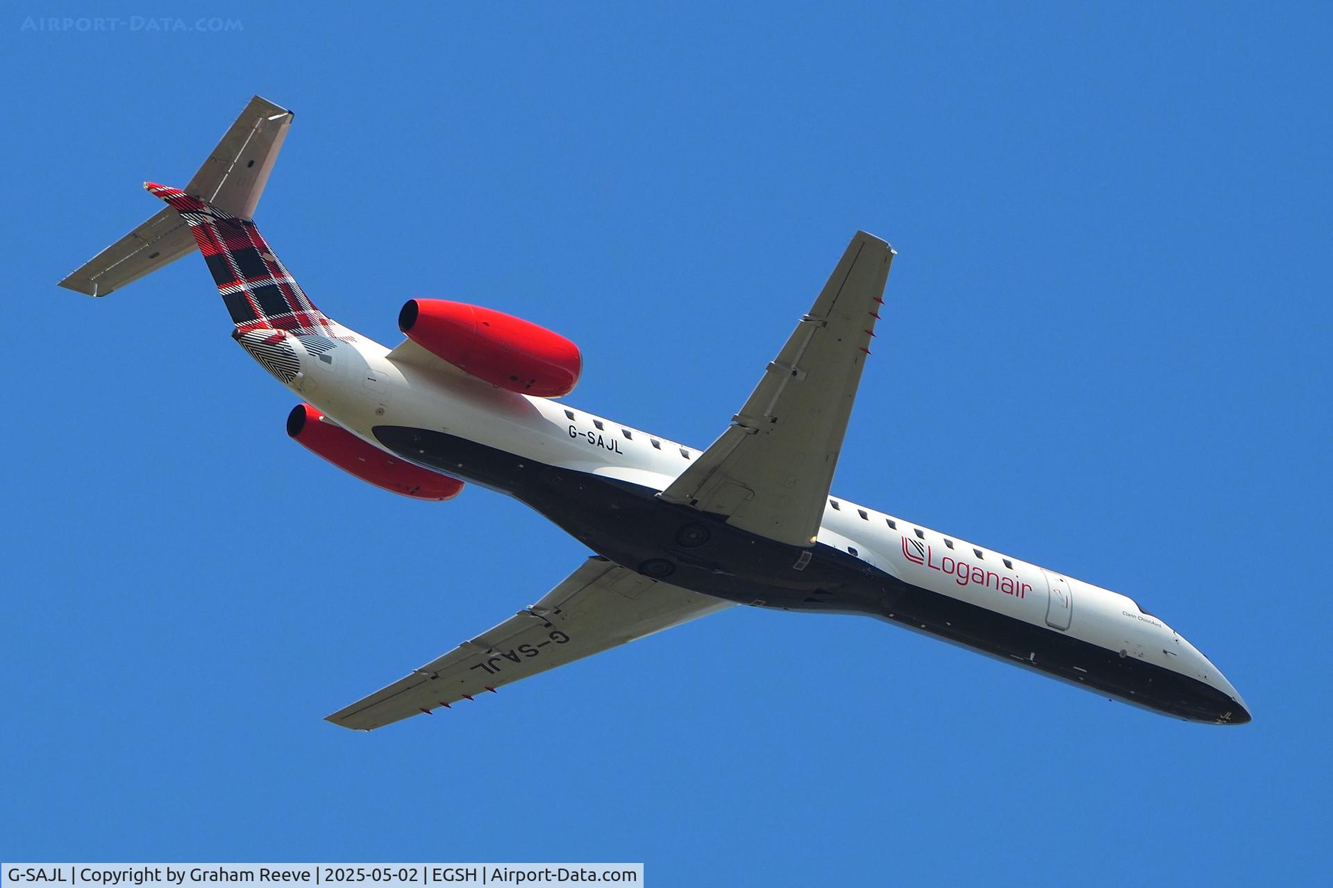 G-SAJL, 1999 Embraer EMB-145EP (ERJ-145EP) C/N 145136, Departing from Norwich.