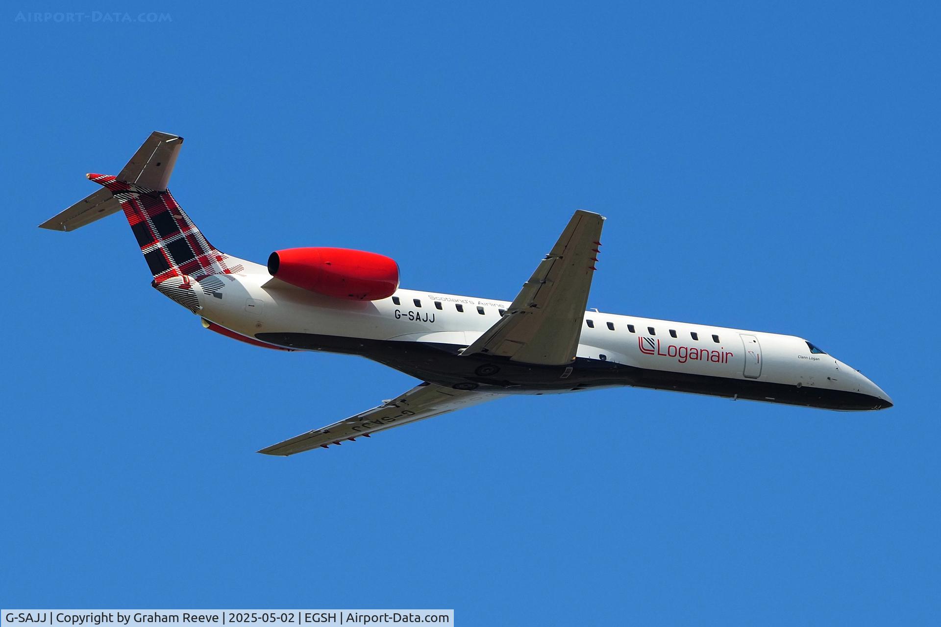 G-SAJJ, 1999 Embraer EMB-145EP (ERJ-145EP) C/N 145142, Departing from Norwich.