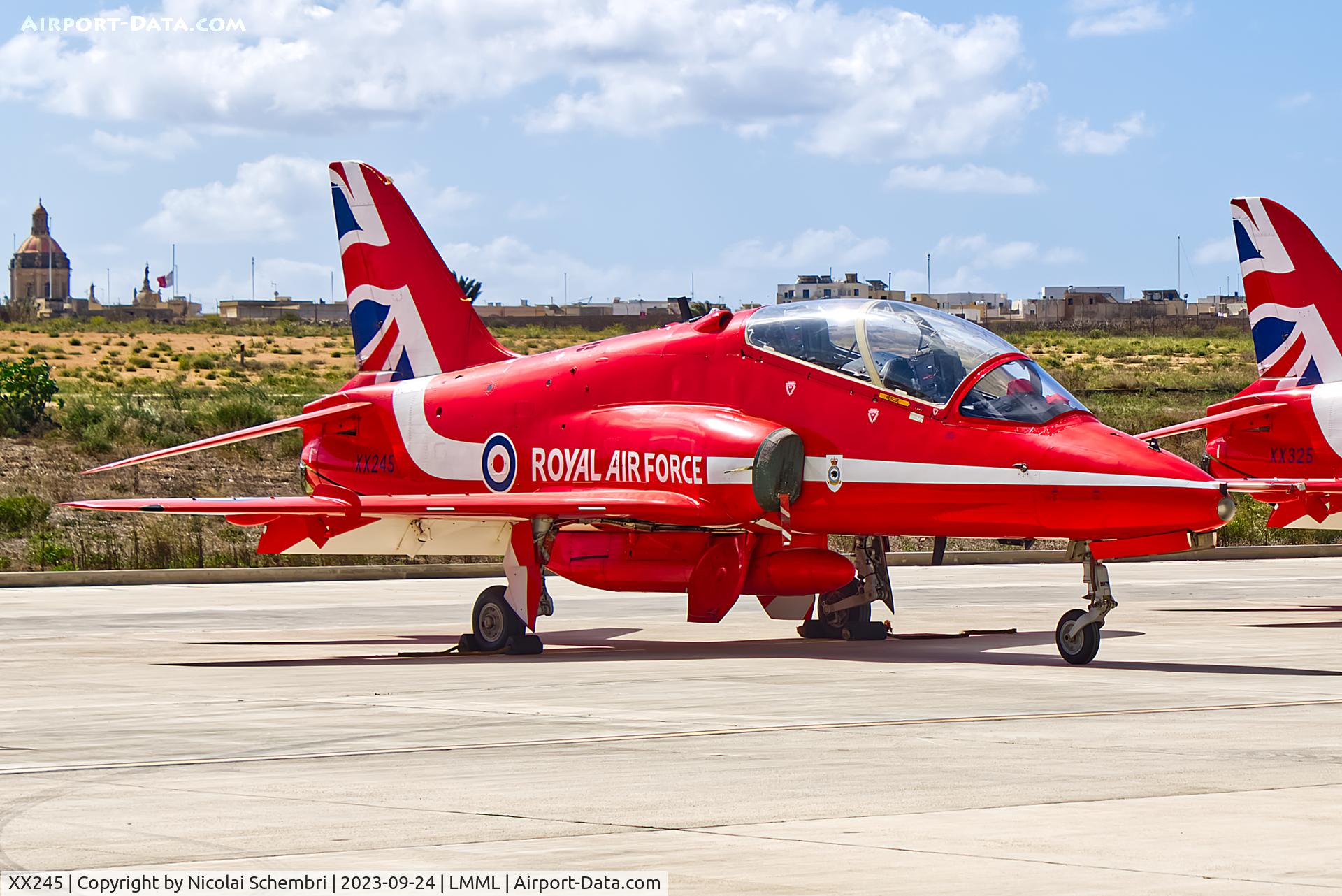 XX245, 1978 Hawker Siddeley Hawk T.1 C/N 081/312081, Static display at the Malta International Airshow 2023.