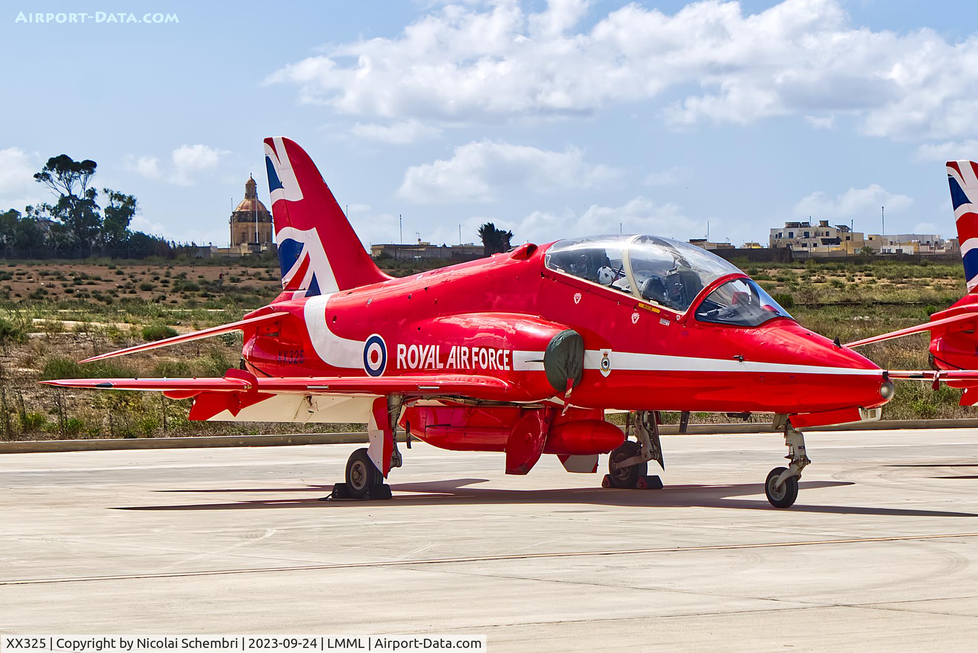 XX325, 1980 Hawker Siddeley Hawk T.1 C/N 169/312150, Static display at the Malta International Airshow 2023.