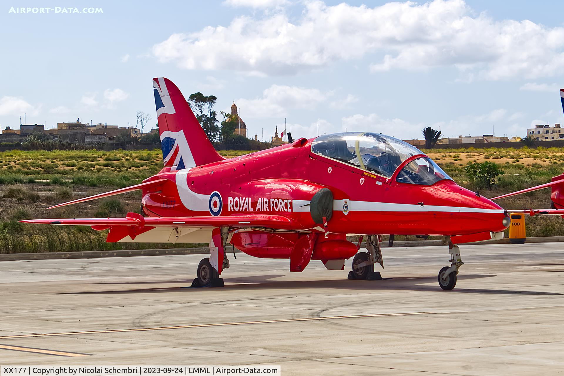 XX177, 1977 Hawker Siddeley Hawk T.1 C/N 024/312024, Static display at the Malta International Airshow 2023.