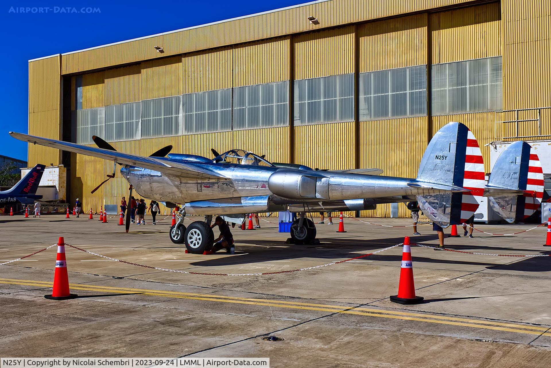 N25Y, 1944 Lockheed P-38L-5LO Lightning C/N AF44-53254, Static display at the Malta International Airshow 2023.