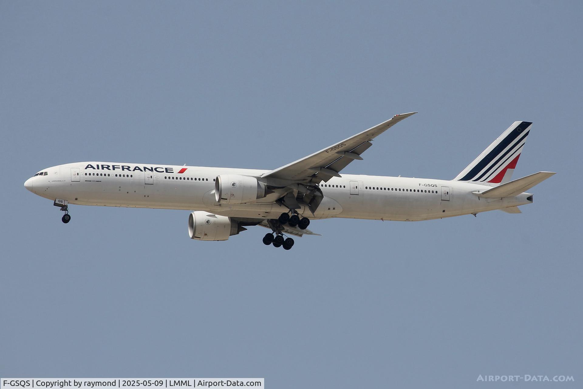 F-GSQS, 2007 Boeing 777-328/ER C/N 32962, Boeing 777-300 reg F-GSQS of Air France on long finals to land in Malta RW13.