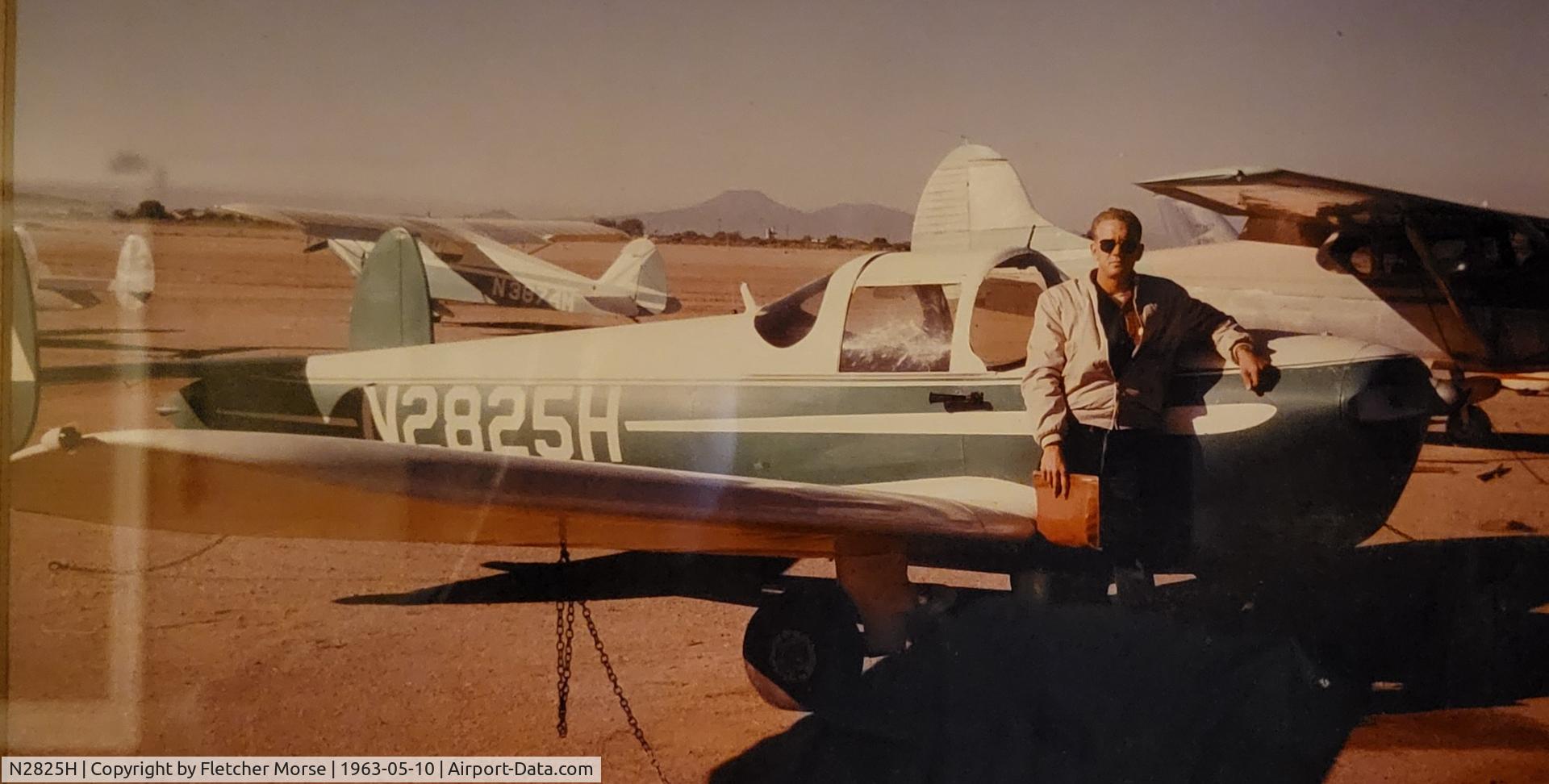N2825H, 1946 Ercoupe 415-C C/N 3450, Picture taken about 1963 in Casa Grande, Arizona.
Pilot/owner Bob Morse. Whoever has this plane can call me at 602.390.0196