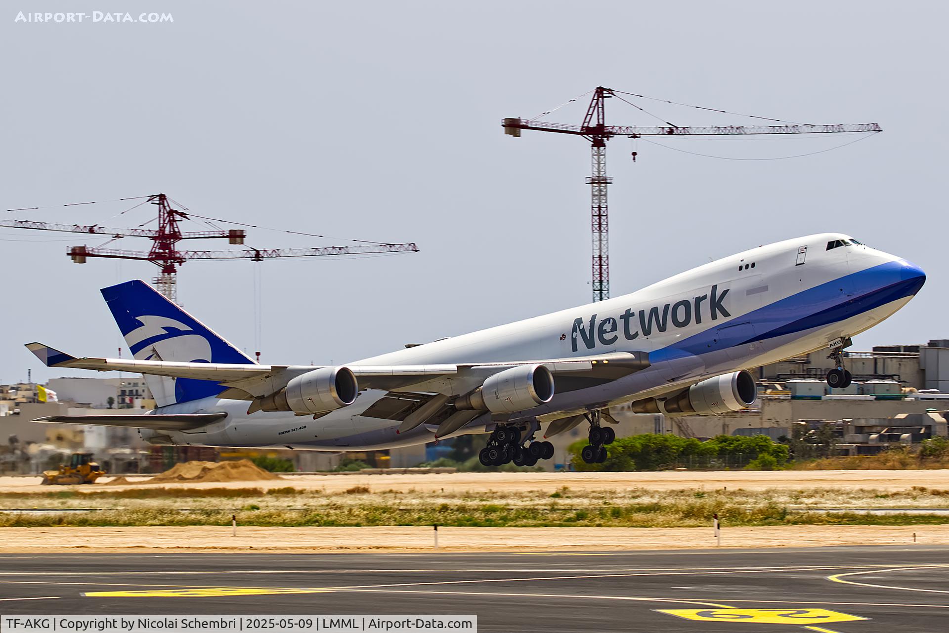 TF-AKG, 2003 Boeing 747-409F/SCD C/N 33732, Departing from runway 31 at LMML.