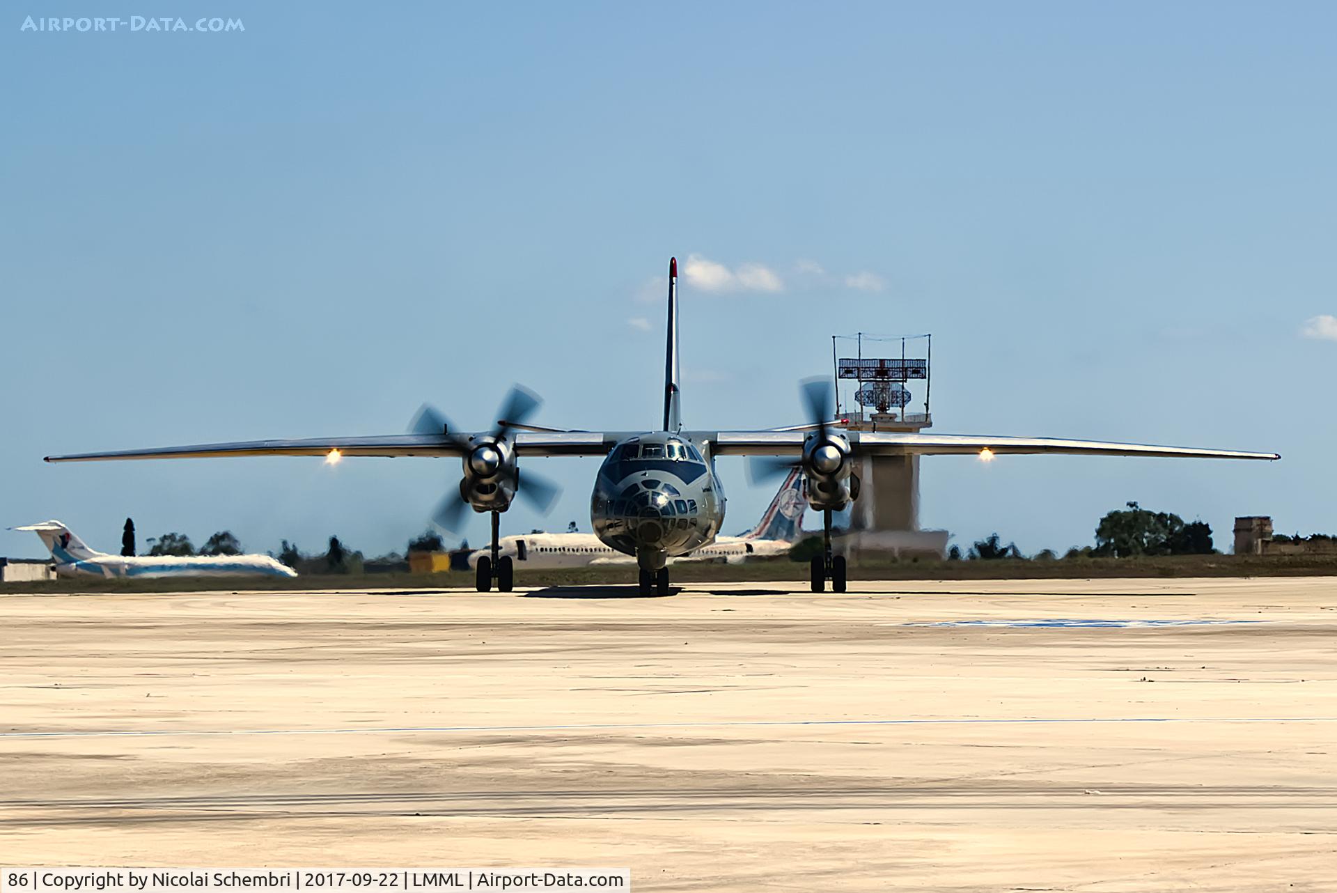 86, Antonov An-30 C/N 0602, Arriving for the Malta International Airshow 2017.
