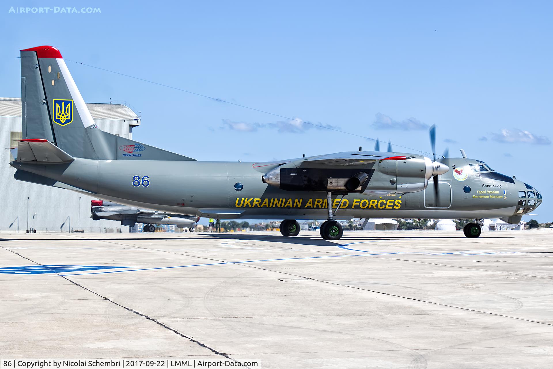 86, Antonov An-30 C/N 0602, Arriving for the Malta International Airshow 2017.