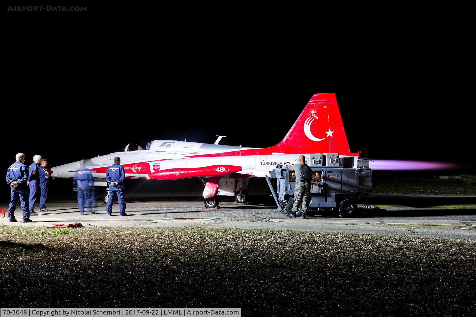 70-3048, Northrop (Canadair) NF-5A (CL-226) C/N 48, Engine runs due to a technical issue while at LMML for the Malta International Airshow 2017.