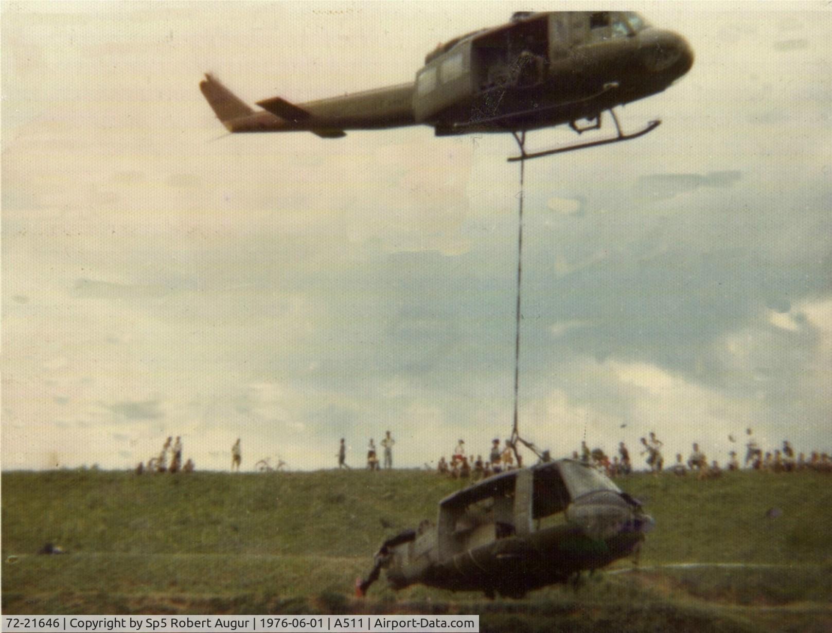 72-21646, 1972 Bell UH-1H Iroquois C/N 13345, 646 slinging crashed UH-1H out of rice paddy, summer 1976 near Teague Korea