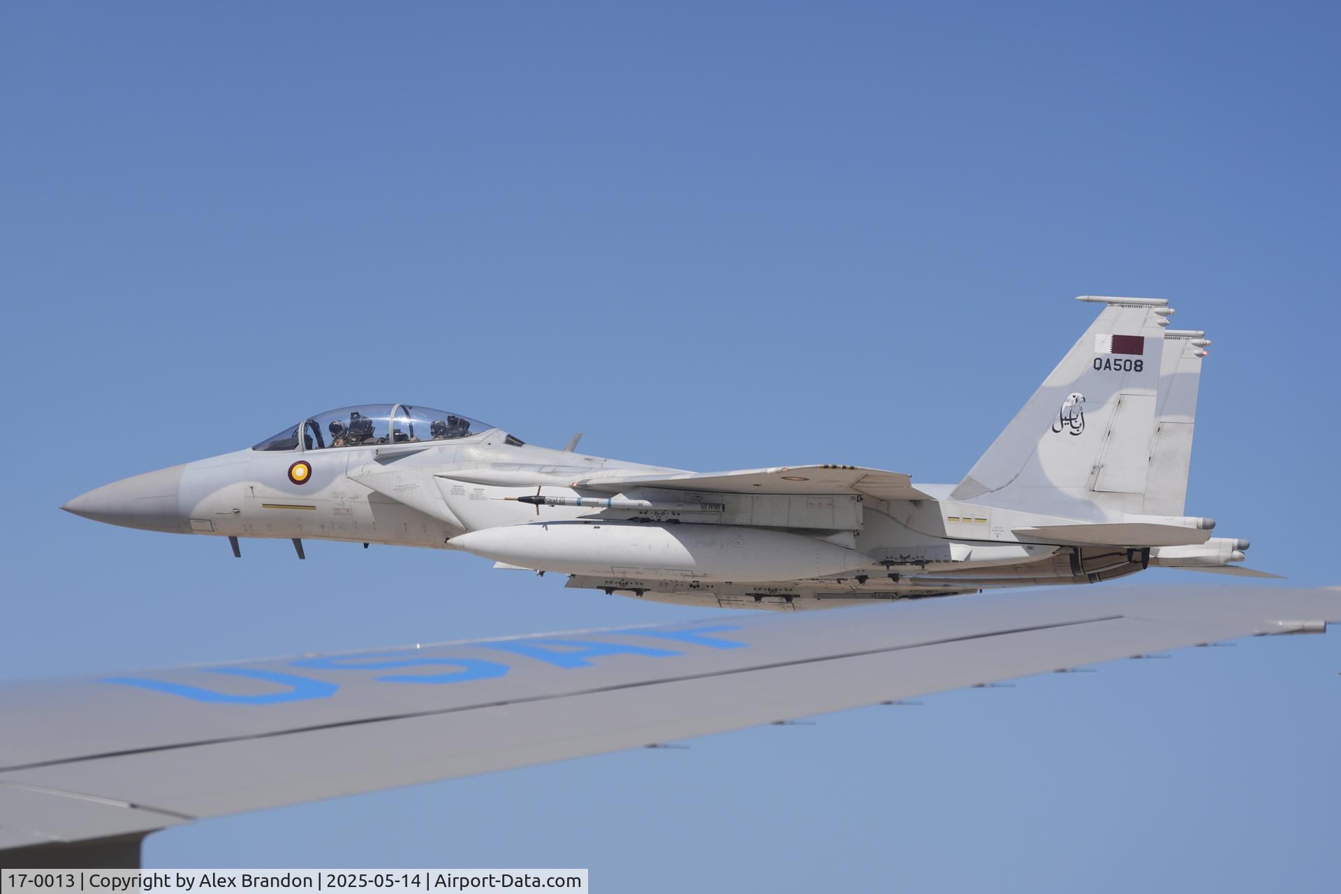 17-0013, Boeing F-15QA Advanced Eagle C/N QA13, Qatar Emiri Air Force F-15s provide an honorary escort for Air Force One, carrying President Donald Trump, as it arrives in Doha, Qatar, Wednesday, May 14, 2025. (AP Photo/Alex Brandon)