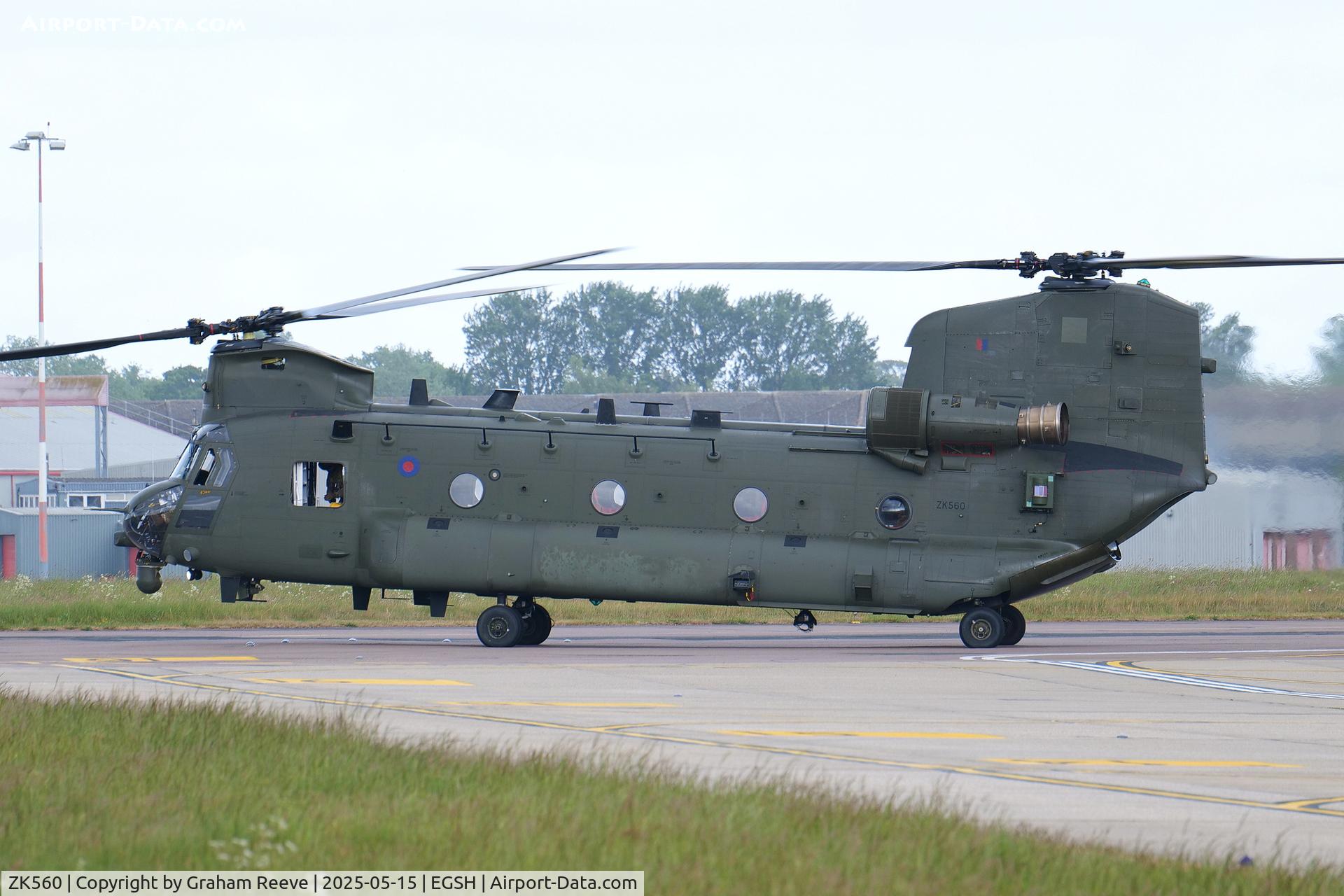 ZK560, 2012 Boeing Chinook HC.6 C/N M7741, Departing from Norwich.
