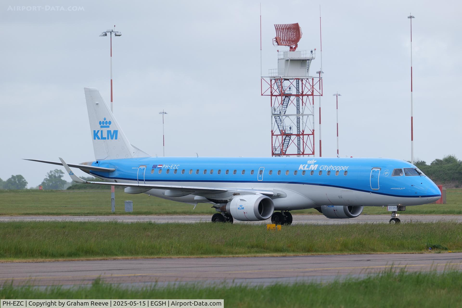 PH-EZC, 2008 Embraer 190LR (ERJ-190-100LR) C/N 19000250, Just landed at Norwich.