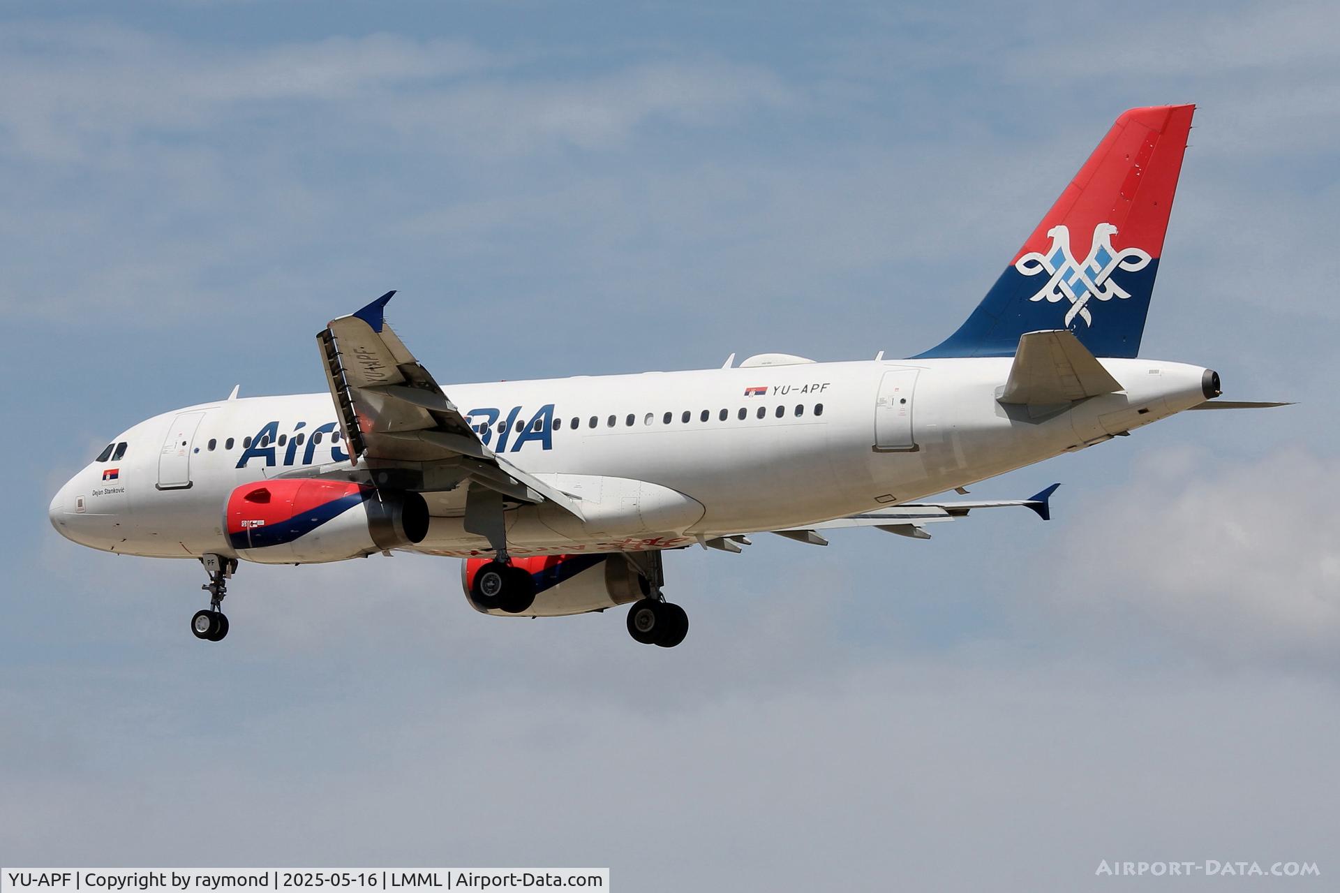 YU-APF, 2007 Airbus A319-132 C/N 3317, Airbus A319-132 reg YU-APF of Air Serbia landing in Malta on a scheduled flight.
