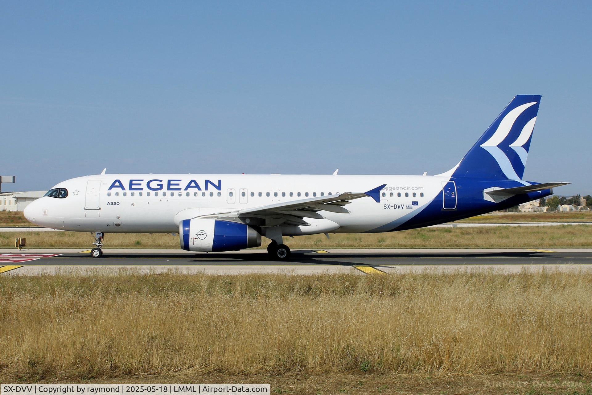 SX-DVV, 2009 Airbus A320-232 C/N 3773, Airbus A320-232 reg SX-DVV of Aegean Airlines taxying out from Park No9 at Malta for departure on a scheduled flight to Athens.