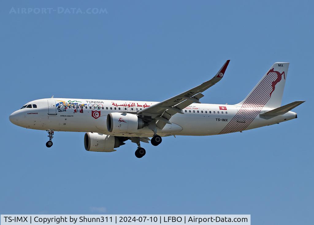 TS-IMX, 2021 Airbus A320-251N C/N 10575, Landing rwy 32L in special c/s on ly on left side...
