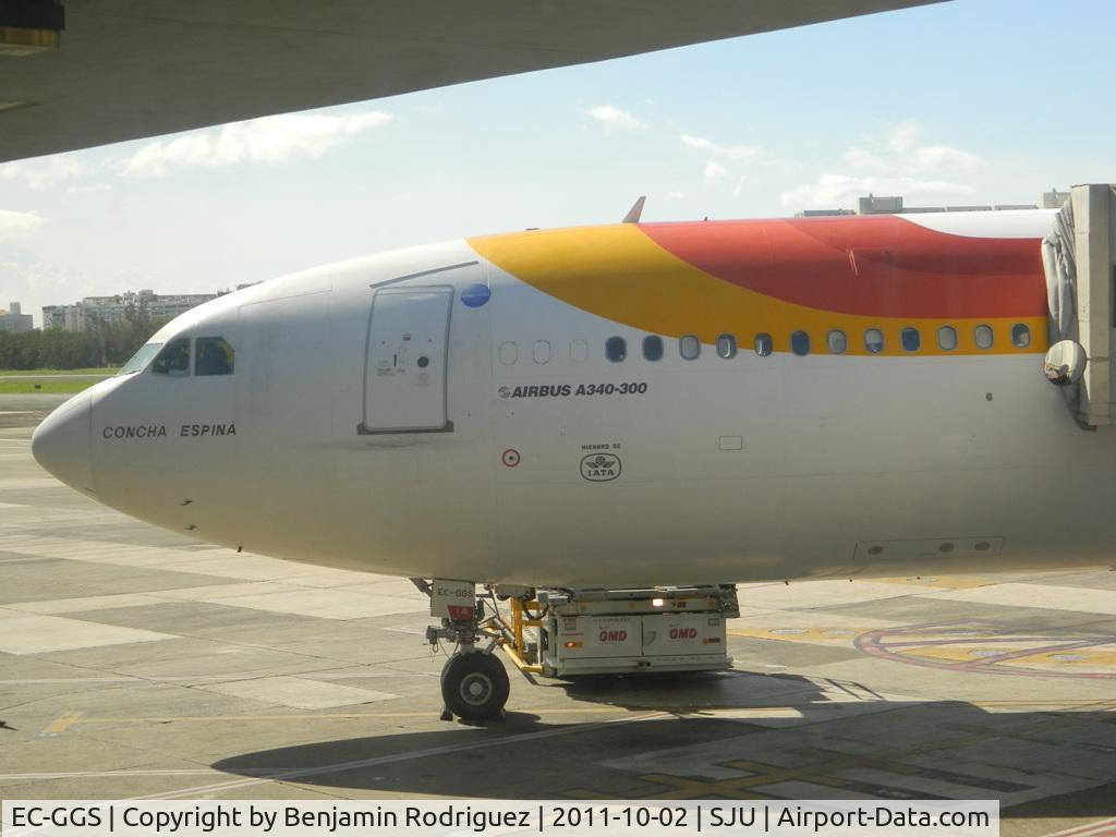 EC-GGS, 1996 Airbus A340-313 C/N 125, Iberia Airbus A340-300 EC-GGS Concha Espina waiting to depart from SJU to MAD