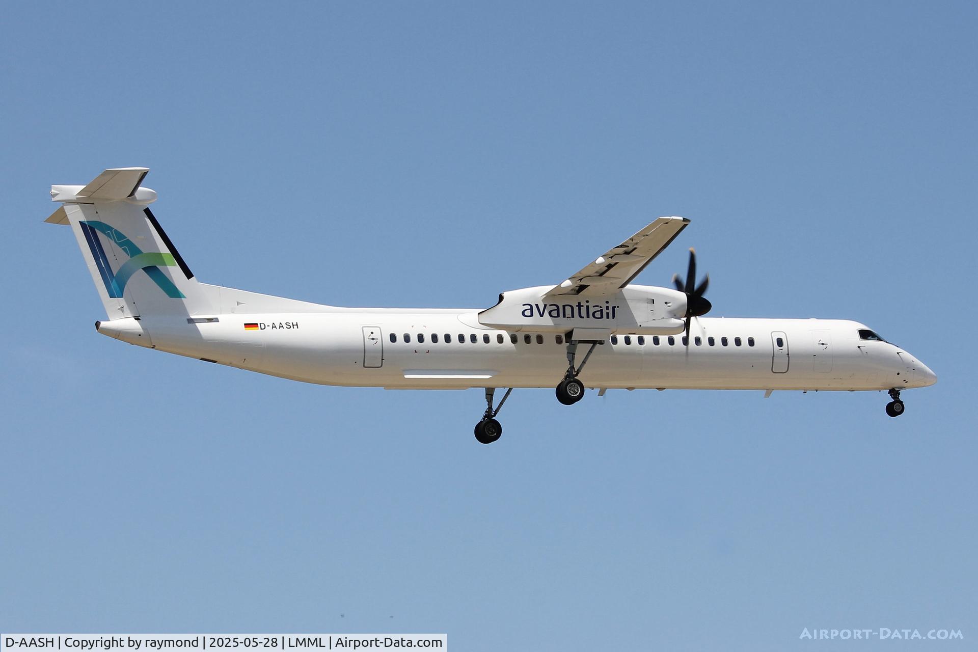 D-AASH, 2008 De Havilland Canada DHC-8-400 Dash 8 C/N 4187, De Havilland Canada DHC-8-400 reg D-AASH of Avanti Air on final approach for RW31 in Malta.