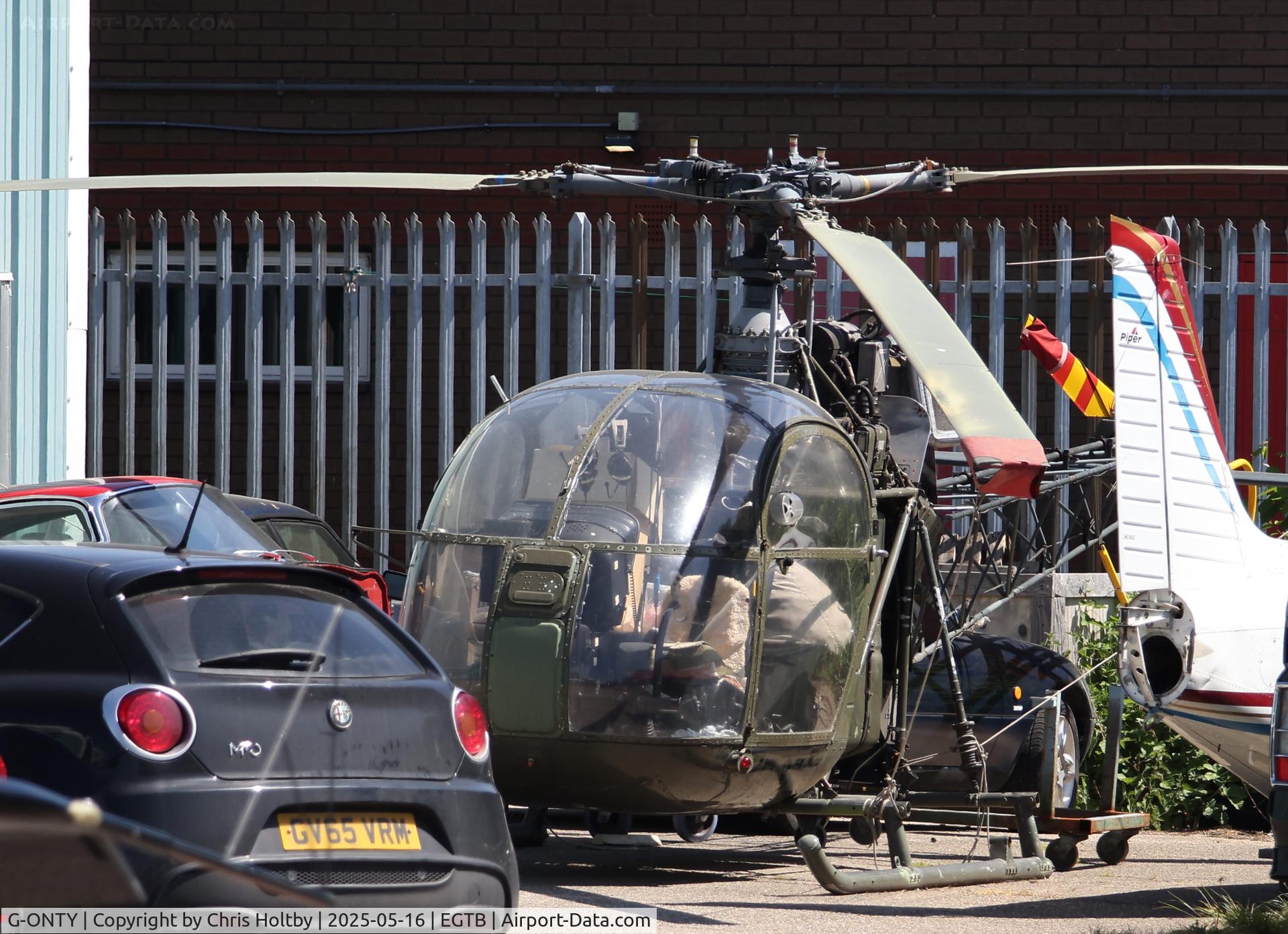 G-ONTY, 1961 Sud Aviation (Aérospatiale) Alouette II  SE.313B C/N 1583, Parked at Booker near the maintenance hangar.