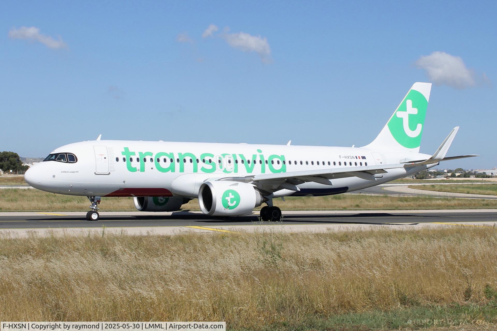 F-HXSN, 2025 Airbus A320-252N C/N 12502, Airbus A320Neo reg F-HXSN of Transavia France taxying out for departure from Malta.