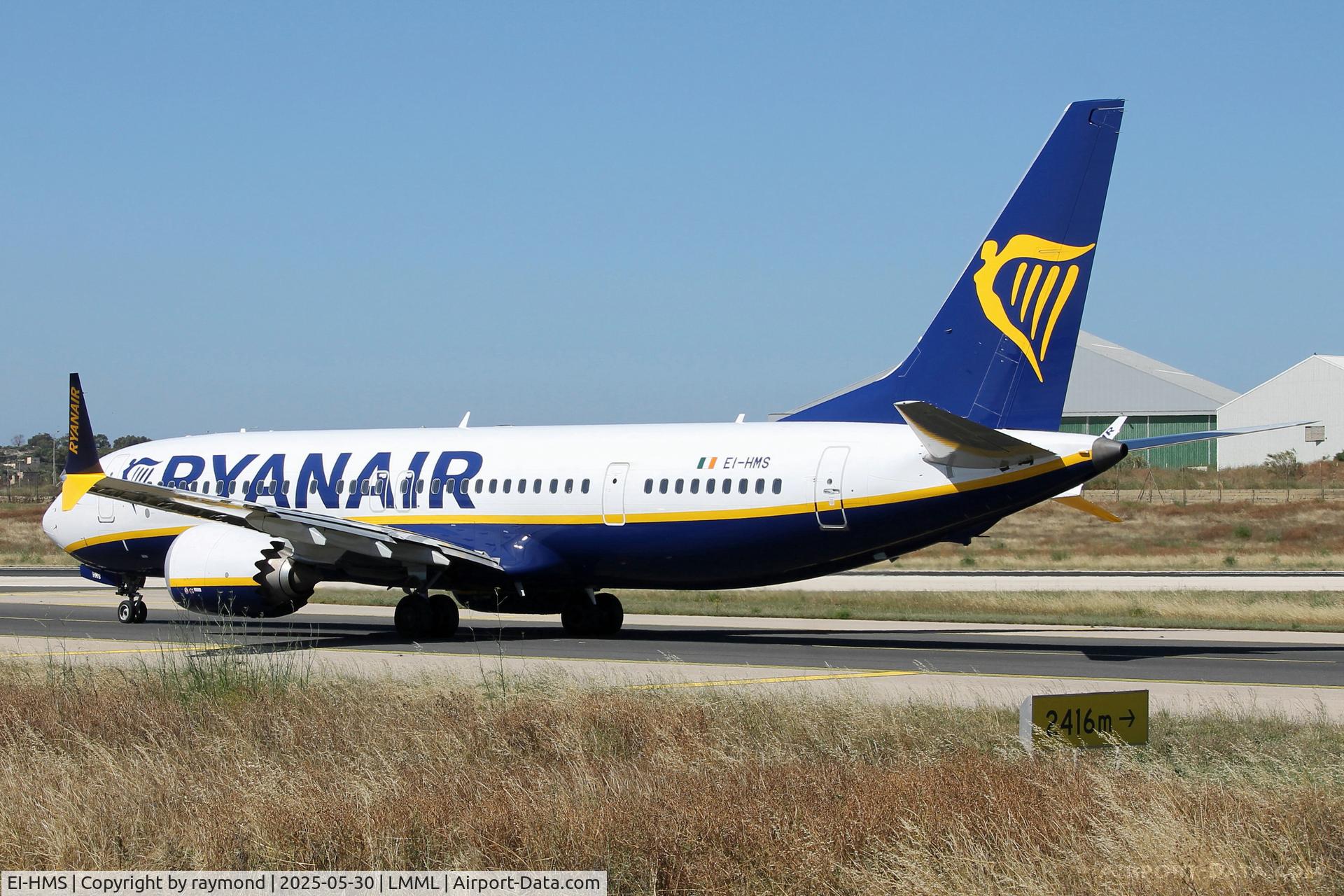EI-HMS, Boeing 737-8 MAX 200 C/N 65889, Boeing 737-8 MAX 200 reg EI-HMS of Ryanair taxying out for departure from Malta.