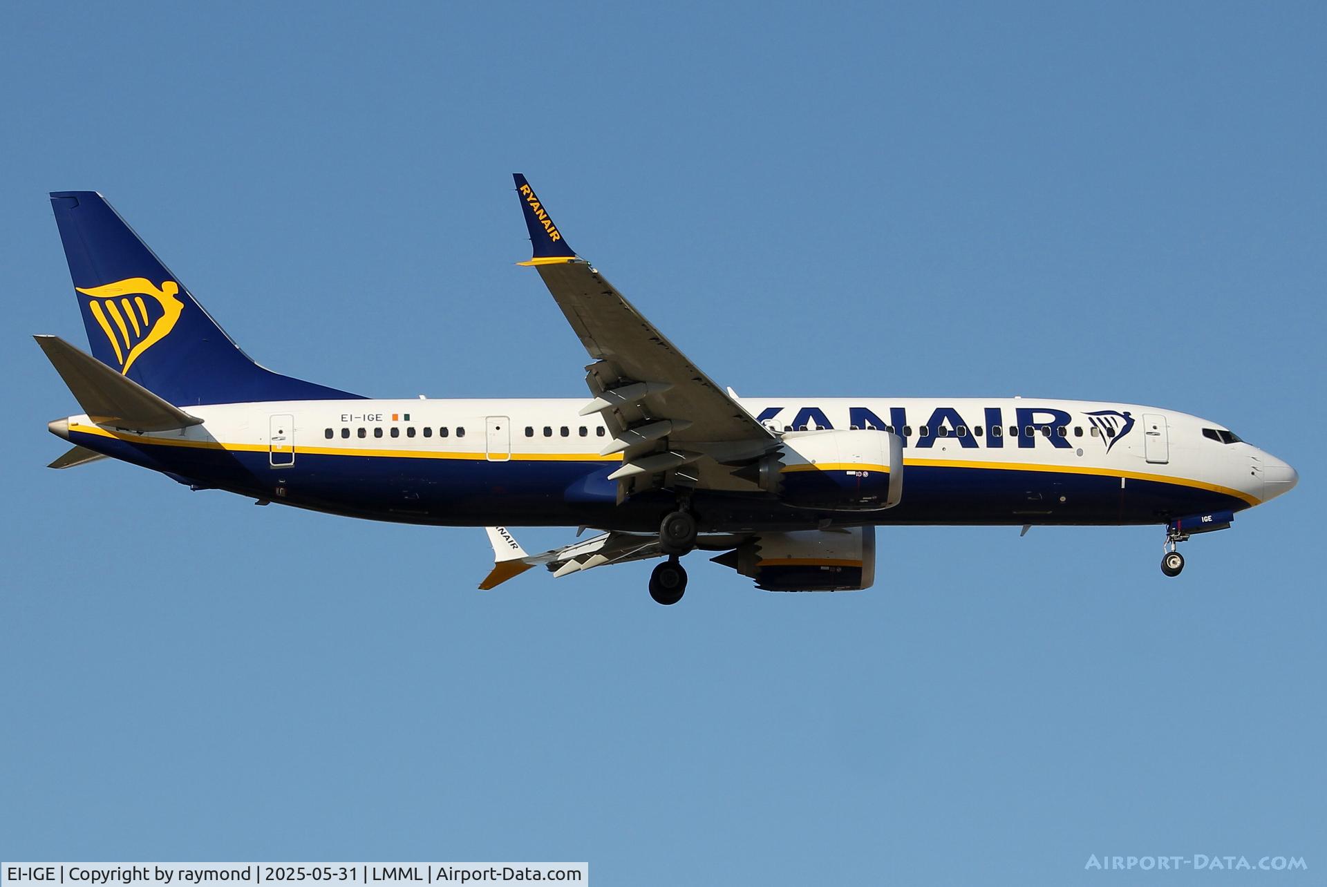 EI-IGE, 2023 Boeing 737-8-200 MAX C/N 67071, Ryanair Boeing 737-8 MAX 200 reg EI-IGE on final approach to RW13 in Malta.