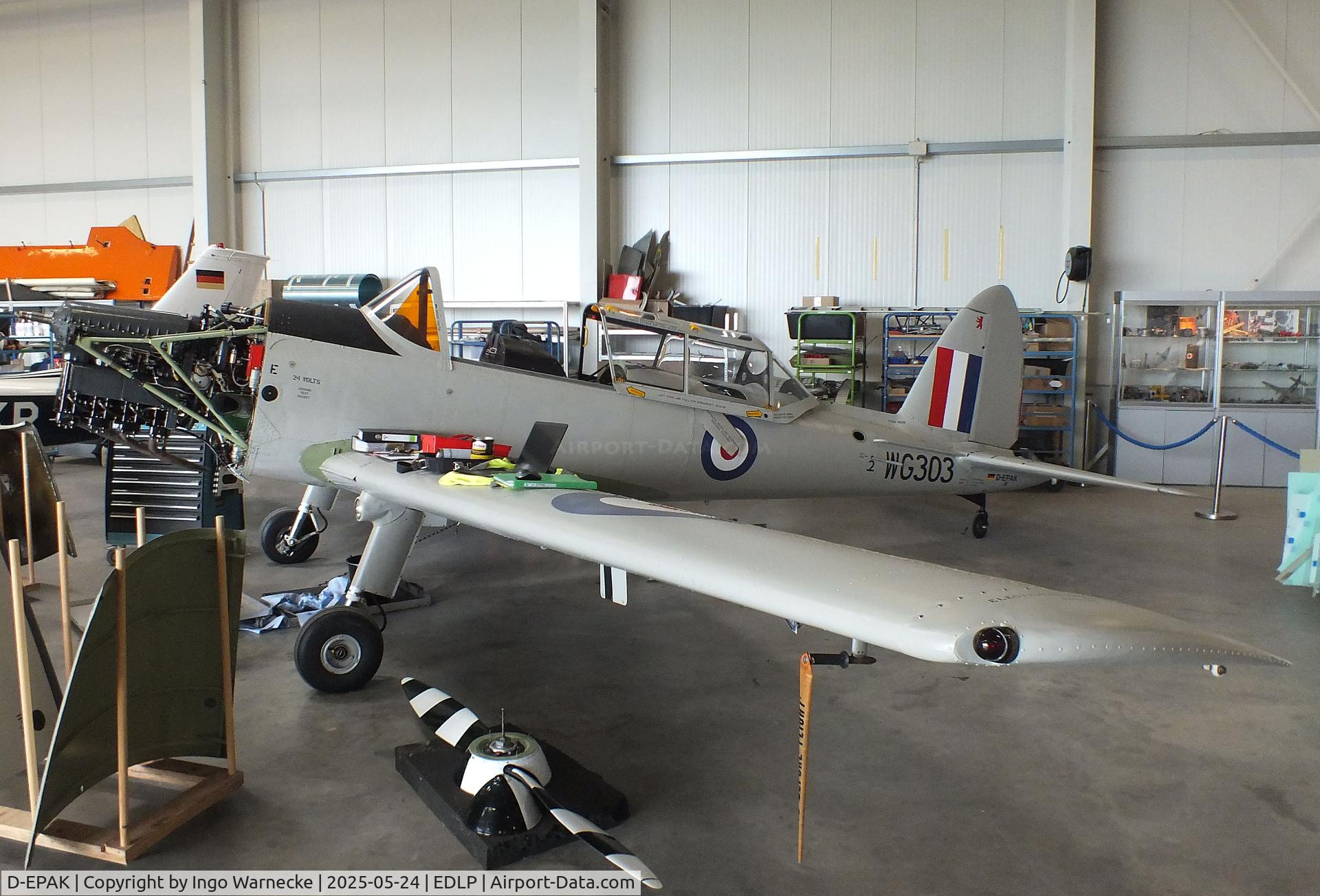 D-EPAK, 1951 De Havilland DHC-1 Chipmunk T.10 C/N C1/0328, De Havilland DHC-1 Chipmunk T10 (undergoing maintenance) at the 2025 Quax Hangartage / Hangardays at Paderborn Lippstadt airport