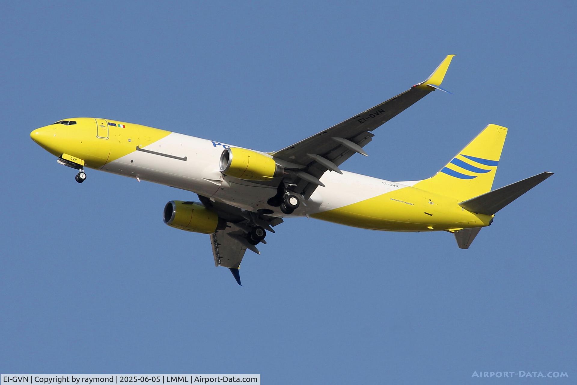EI-GVN, 2006 Boeing 737-8K5 C/N 34684, Boeing 737-8K5(BCF) reg EI-GVN of Poste Air Cargo on long finals for RW13 in Malta.