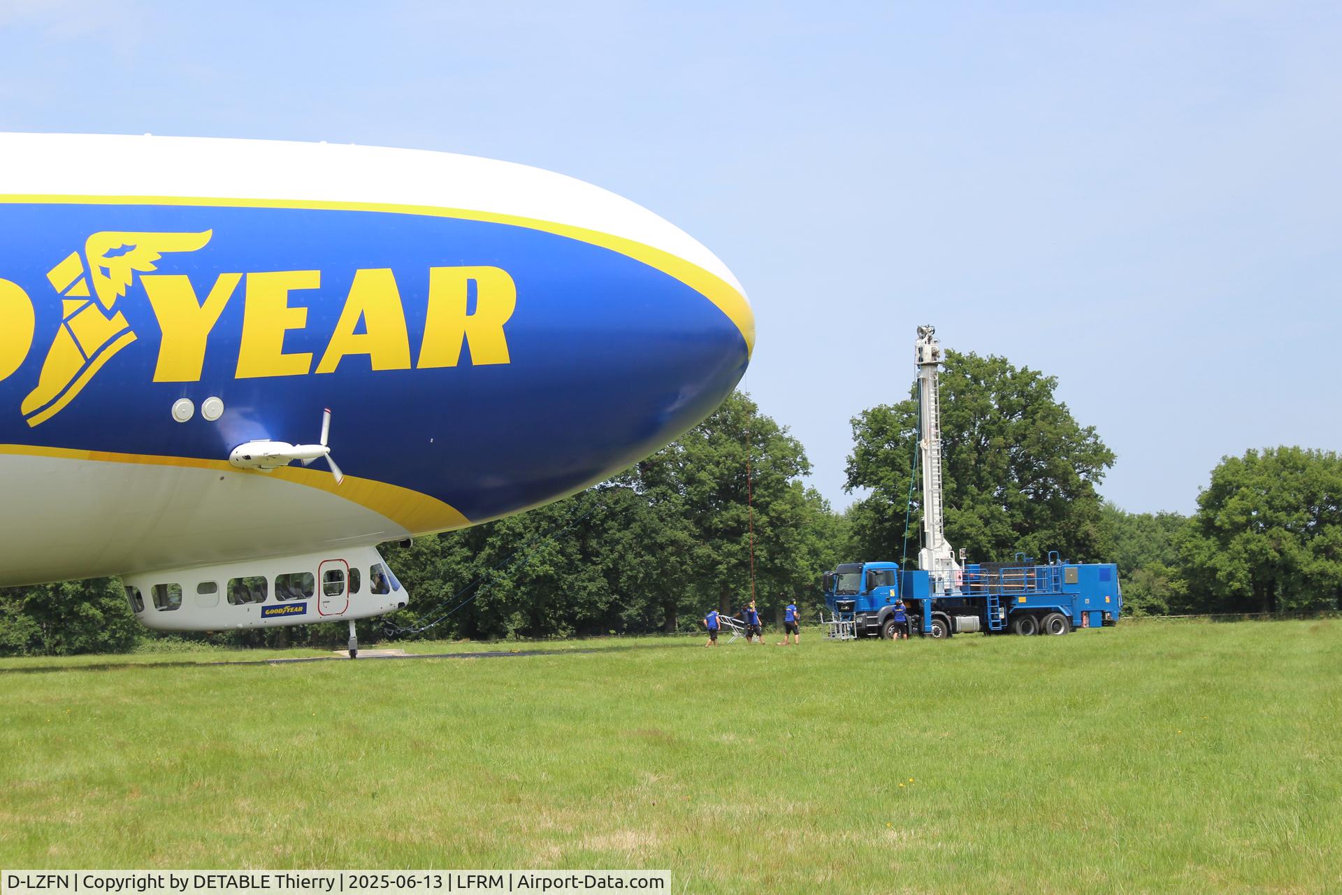 D-LZFN, 1997 Zeppelin LZ N07-100 C/N 001, The ZEPPELIN NT07 for GOODYEAR, 24H Le Mans 2025. The airship is based for the race in a field at RUAUDIN.