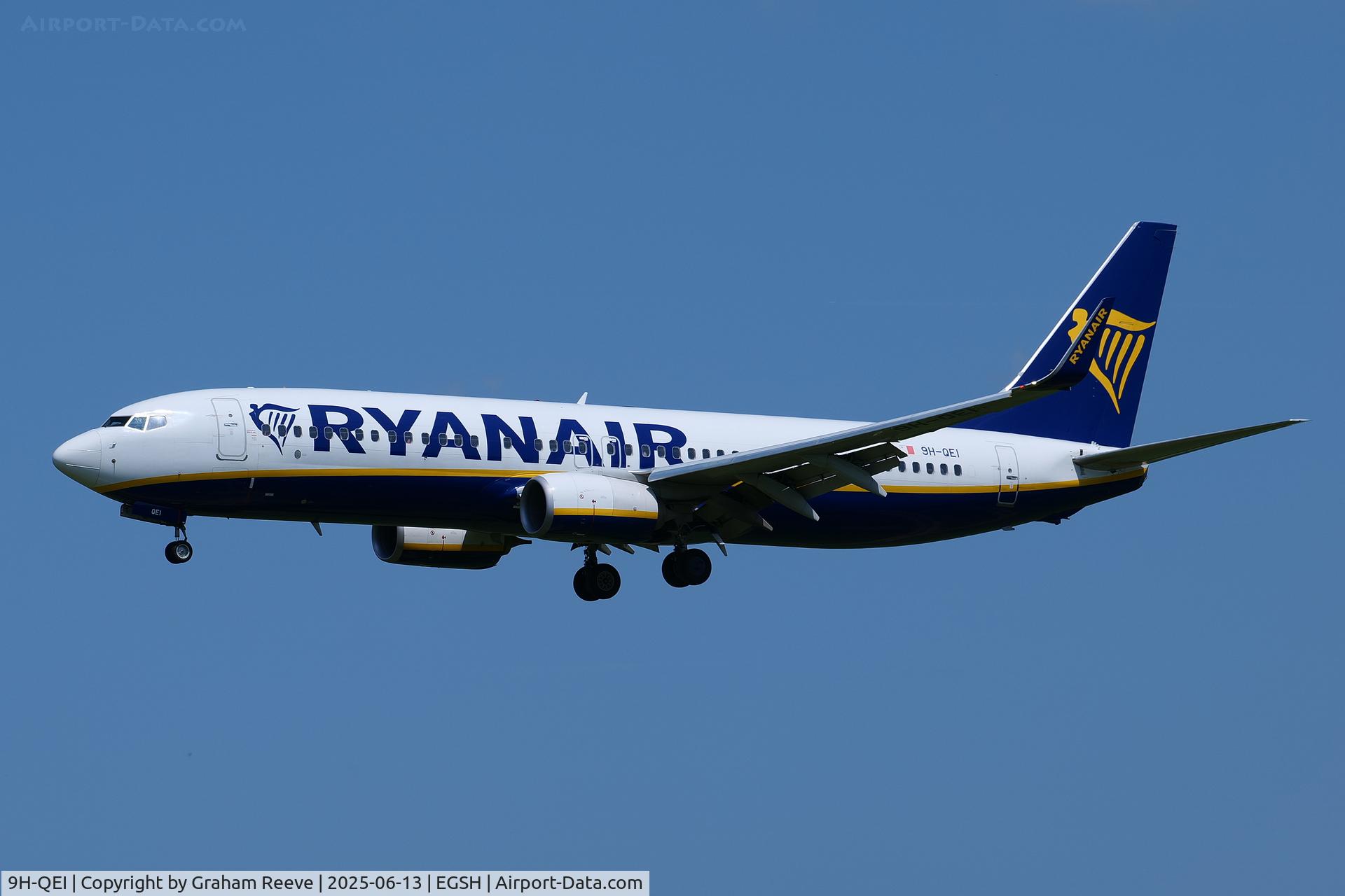 9H-QEI, 2018 Boeing 737-800 C/N 44828, Landing at Norwich.
