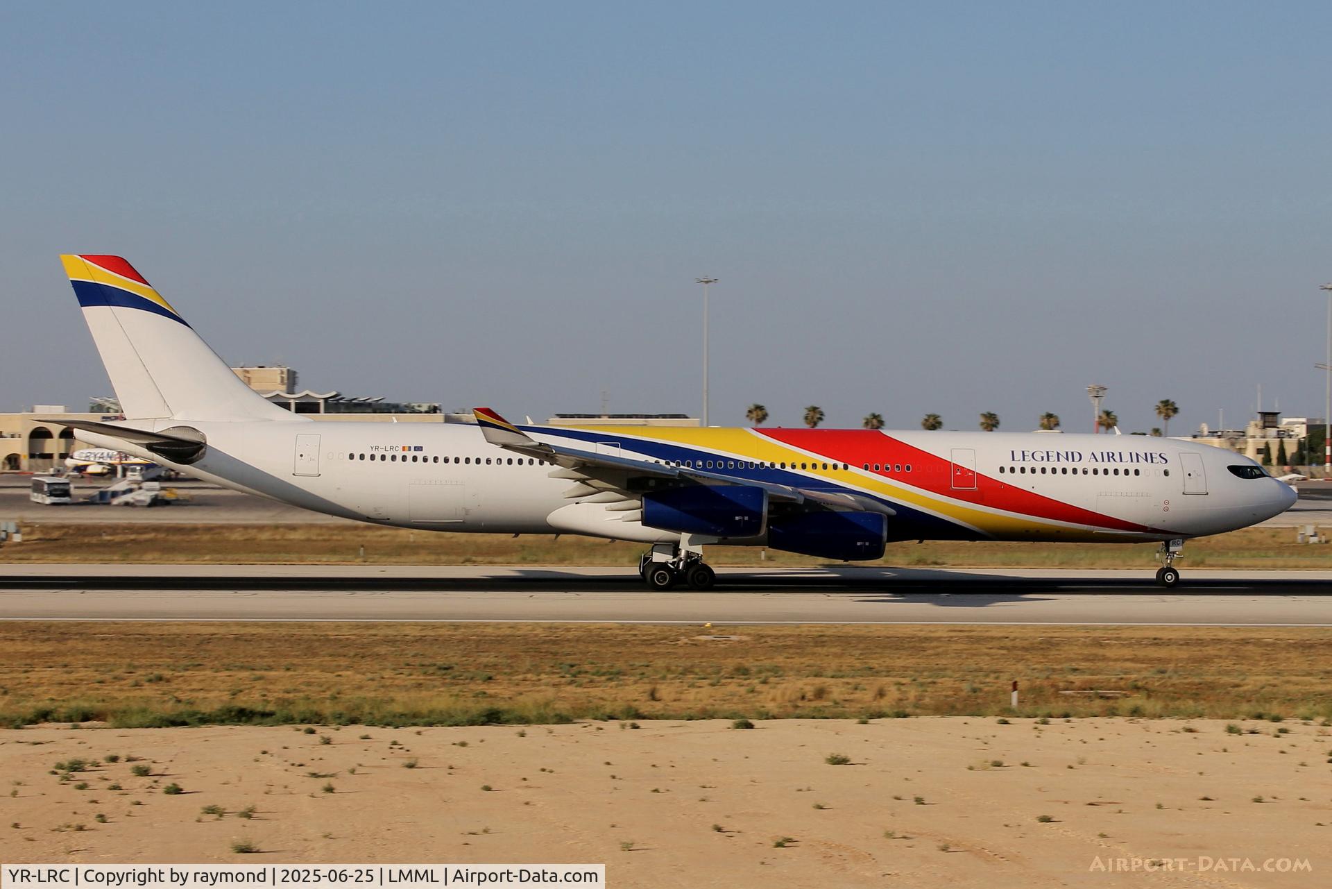 YR-LRC, 2007 Airbus A340-313 C/N 844, Legend Airlines Airbus A340-313 reg YR-LRC rolling RW13 departing from Malta. Aircraft diverted to Malta for medical reasons, while performing flight AH4063 for Air Algerie from Dubai to Algiers.