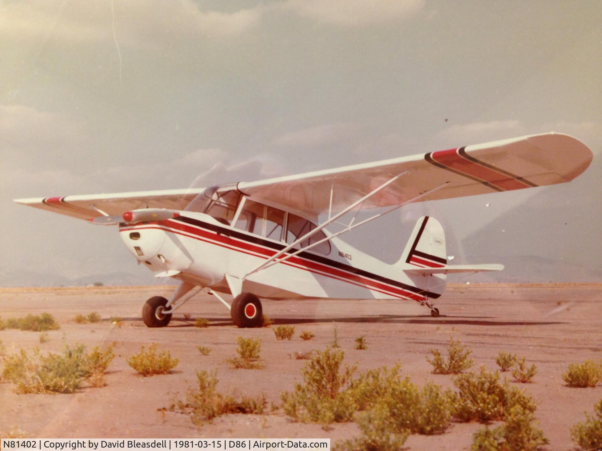 N81402, 1945 Aeronca 7AC Champion C/N 7AC-20, I owned this 7AC and took the picture myself. 
I sold this airplane to a person in Lodi, CA. 
It was deregistered (May 13, 2013).
If anyone knows the status of this airplane, please email me.
