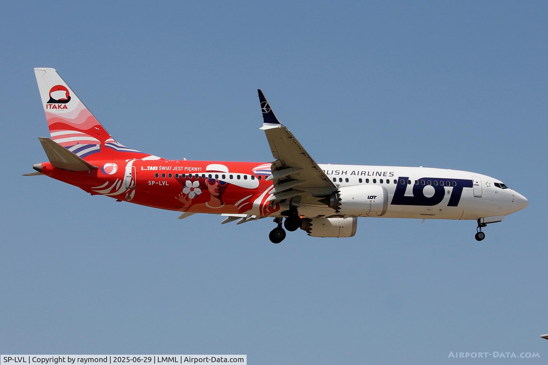 SP-LVL, 2021 Boeing 737-8 MAX C/N 43331, Special ITAKI Colours for this LOT Polish Airlines Boeing 737-8 MAX reg SP-LVL seen on final approach for RW31 in Malta, flight coming in from Warsaw.