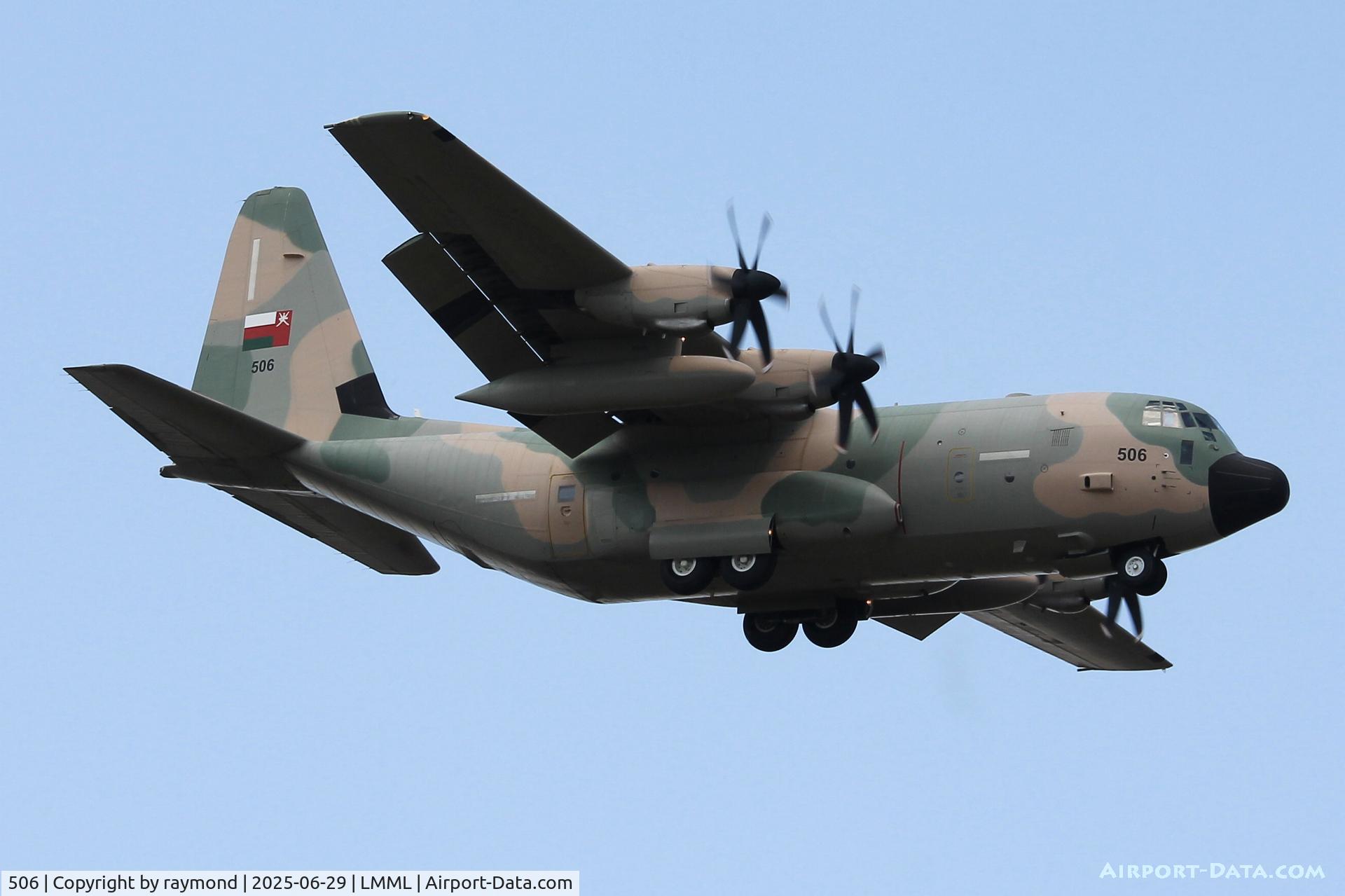 506, Lockheed Martin C-130J Hercules C/N 382-5743, Lockheed Martin C-130J Hercules reg 506 of Royal Oman Air Force landing on RW13 in Malta for a night stop, aircraft enroute to UK.