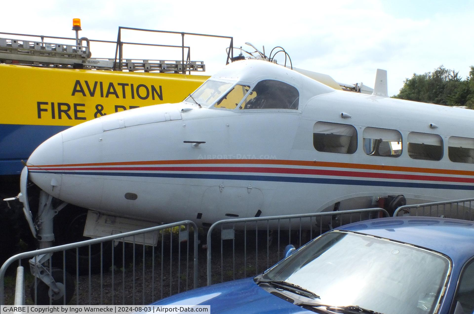 G-ARBE, 1966 De Havilland DH-104 Dove 8 C/N 04517, De Havilland D.H.104 Dove 8 (wings/tail dismounted) at the East Midlands Aeropark, Castle Donington