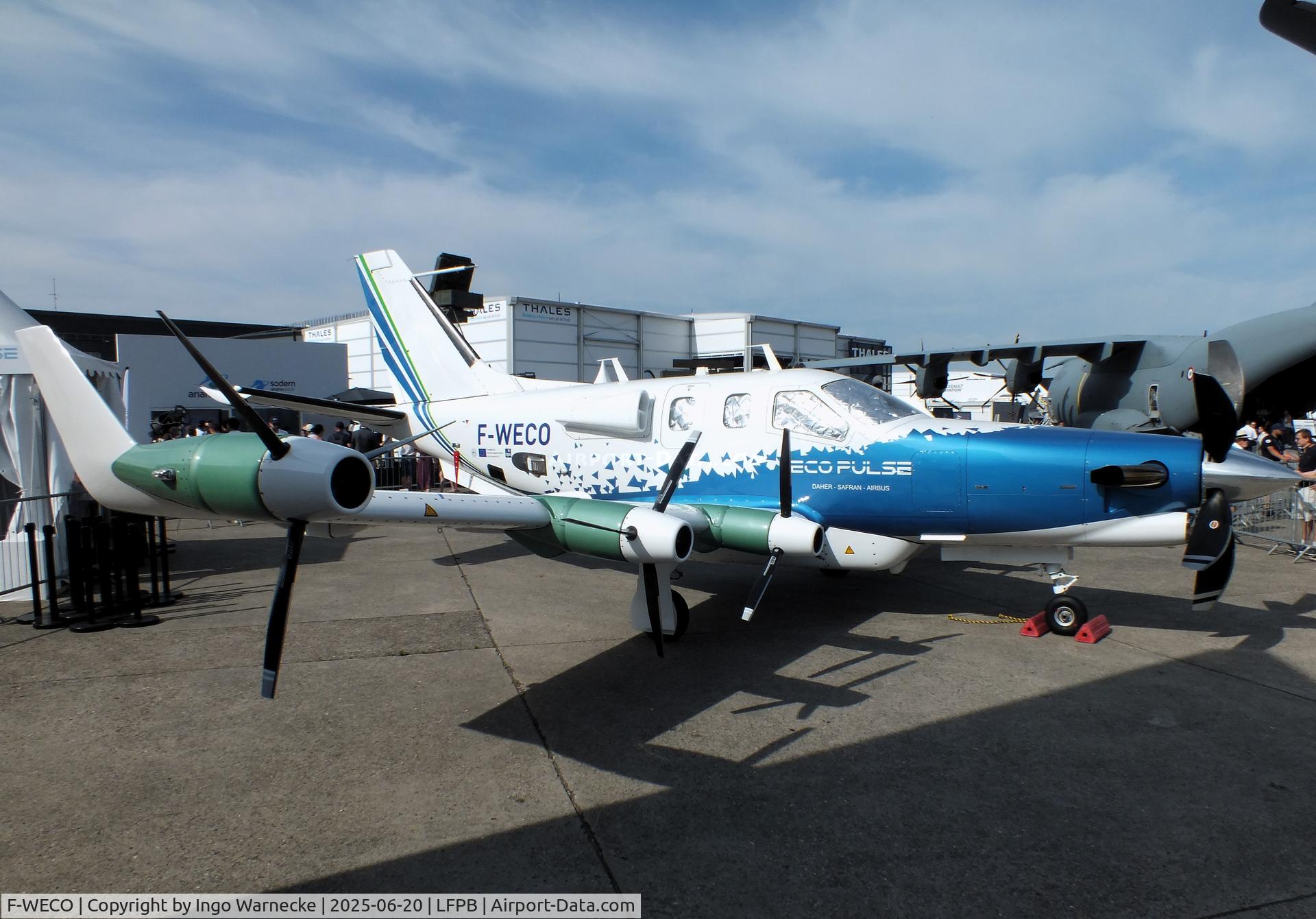 F-WECO, 2022 Daher/Safran/Airbus TBM EcoPulse C/N not found_F-WECO, Daher/Safran/Airbus TBM EcoPulse demonstrator with 1 turboprop and 6 Safran ENGINeUS electric motors at the Aerosalon 2025, Paris