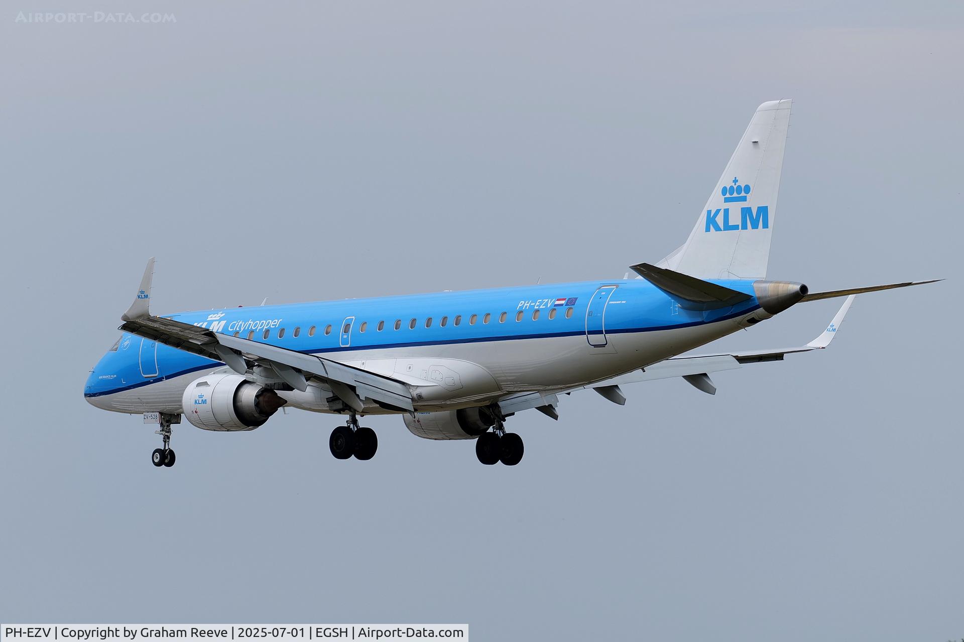 PH-EZV, 2012 Embraer 190LR (ERJ-190-100LR) C/N 19000528, Landing at Norwich.