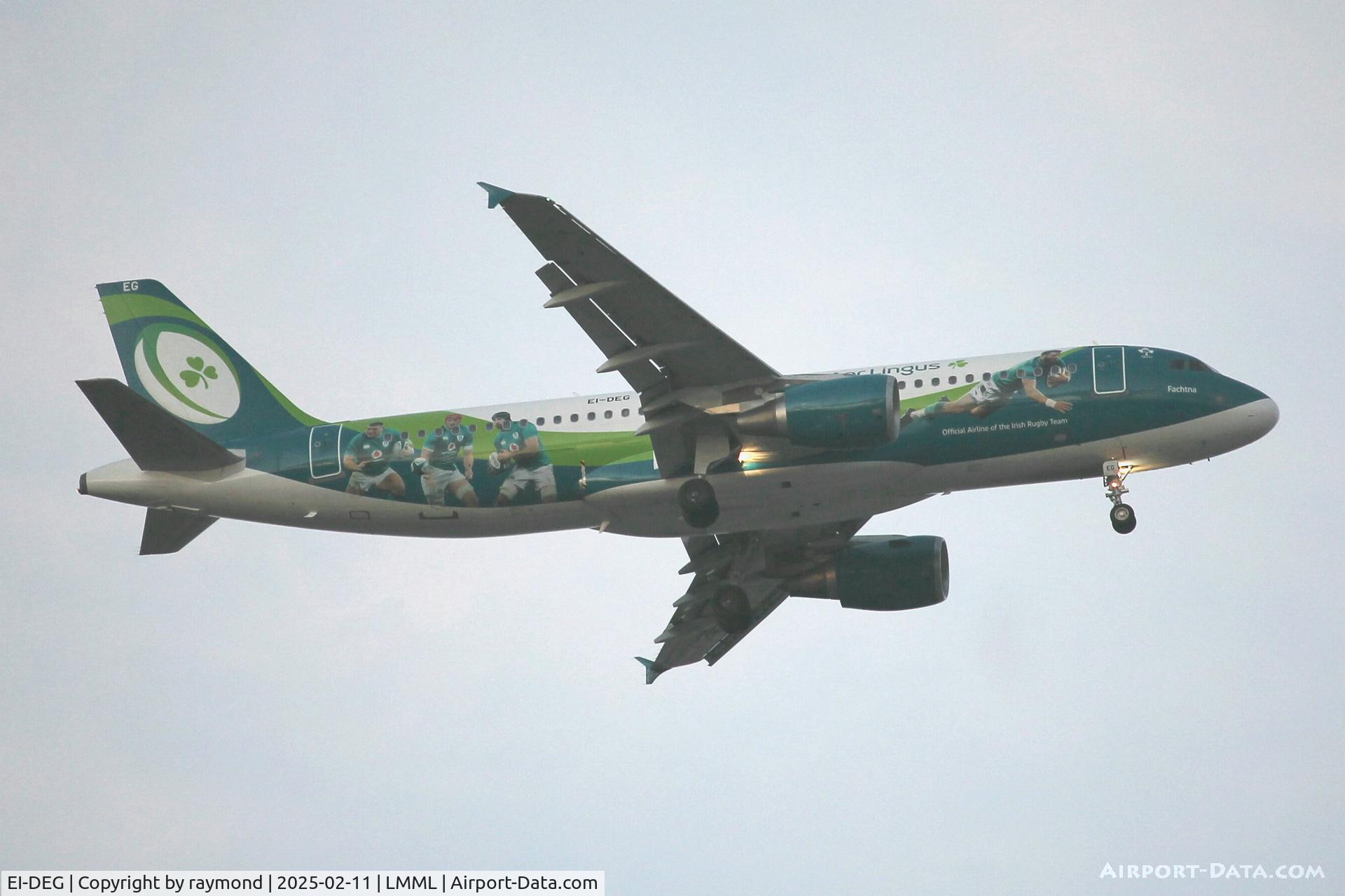 EI-DEG, 2004 Airbus A320-214 C/N 2272, Airbus A320-214 reg EI-DEG of Aer Lingus in the 'Irish Rugby Team' livery landing in Malta RW13.