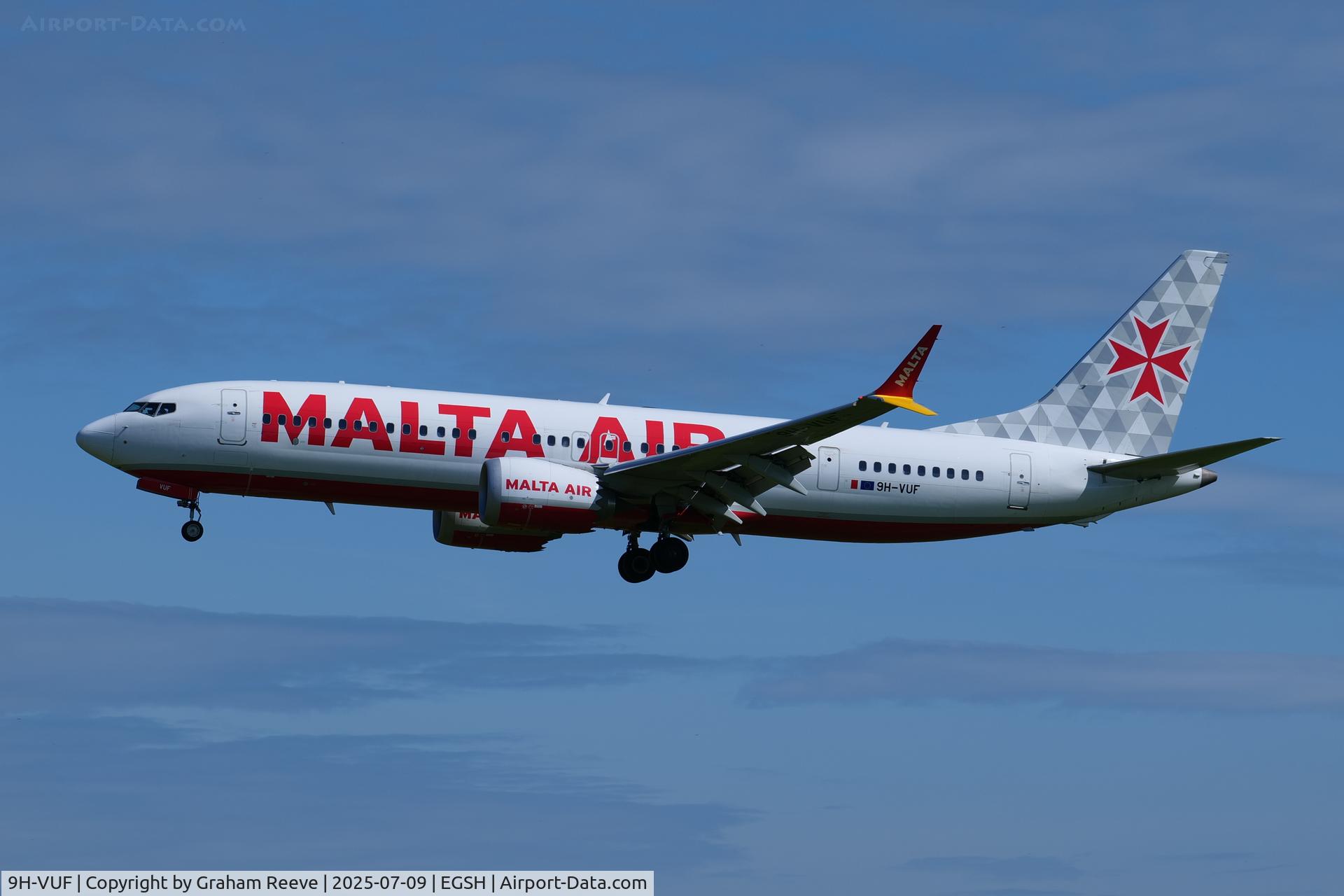 9H-VUF, 2021 Boeing 737-8-200 MAX C/N 65082, Landing at Norwich.