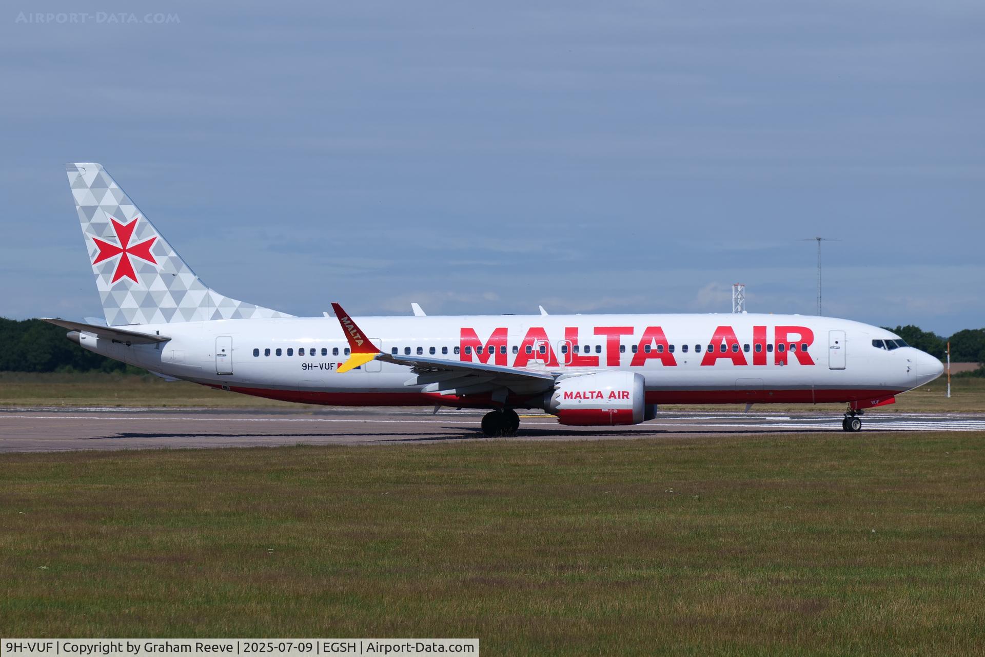 9H-VUF, 2021 Boeing 737-8-200 MAX C/N 65082, Departing from Norwich.