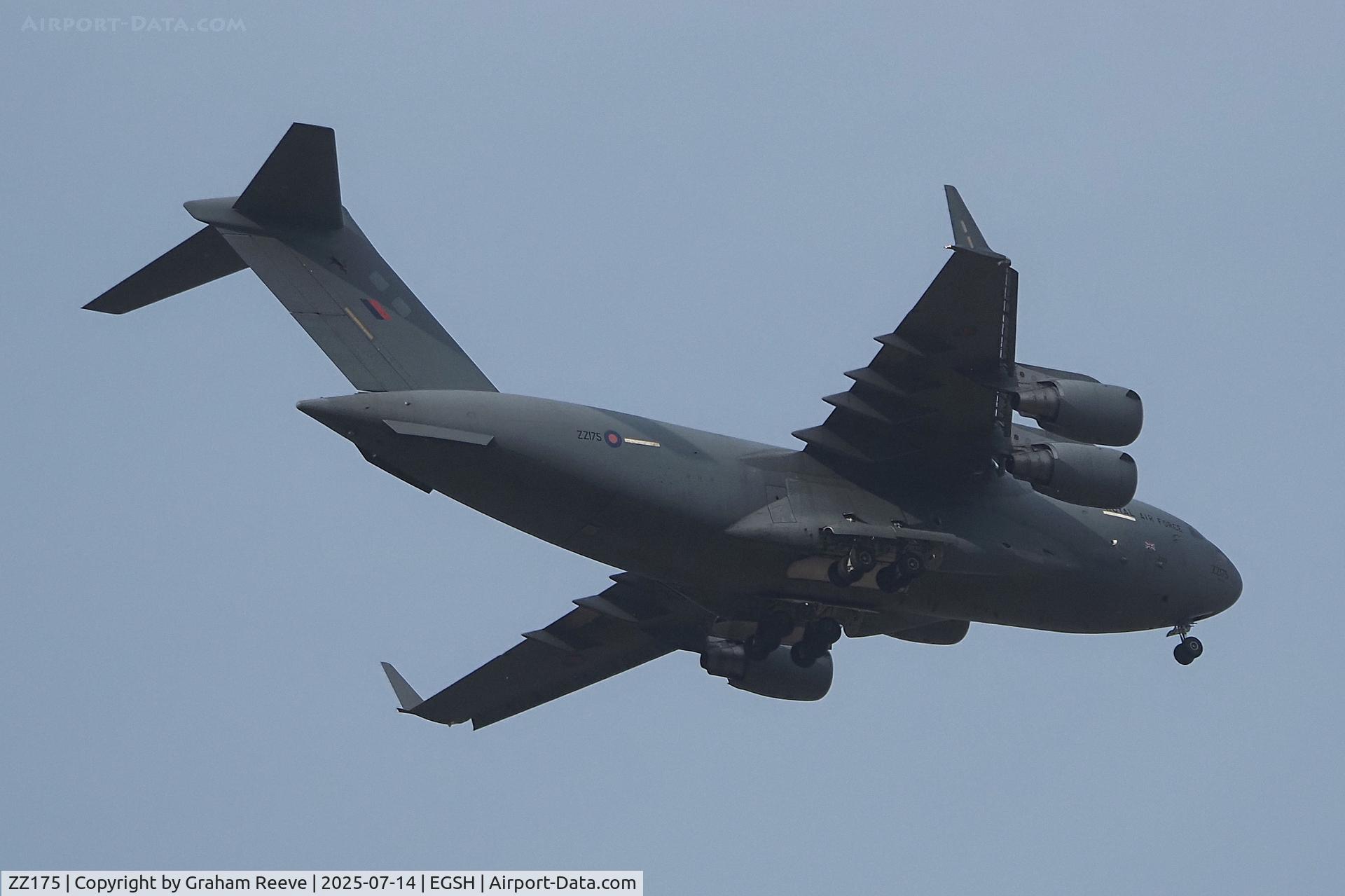 ZZ175, 2008 Boeing C-17A Globemaster III C/N F-185, In the circuit at Norwich and seen over Blofield.