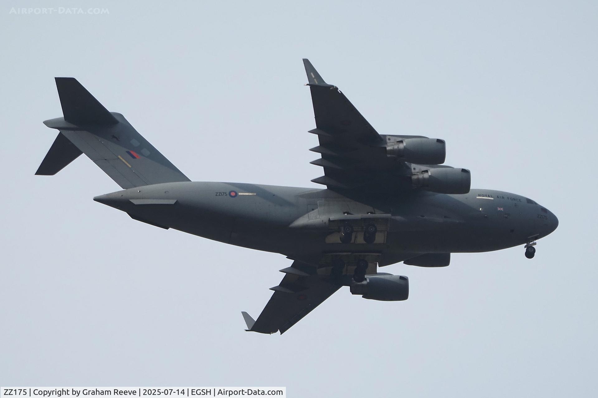 ZZ175, 2008 Boeing C-17A Globemaster III C/N F-185, In the circuit at Norwich and seen over Blofield.
