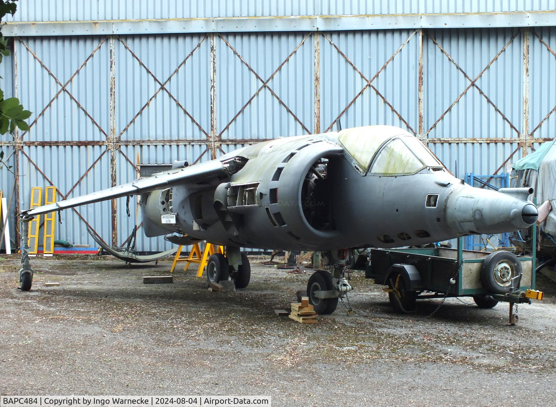 BAPC484, 1967 Hawker Siddeley Harrier GR.1 C/N not found_XV281, Hawker Siddeley Harrier GR1 (forward fuselage of XV281 + aft fuselage of a P.1127 test-rig, vertical tail dismounted) awaiting restoration at the Aeroventure South Yorkshire Aircraft Museum, Doncaster