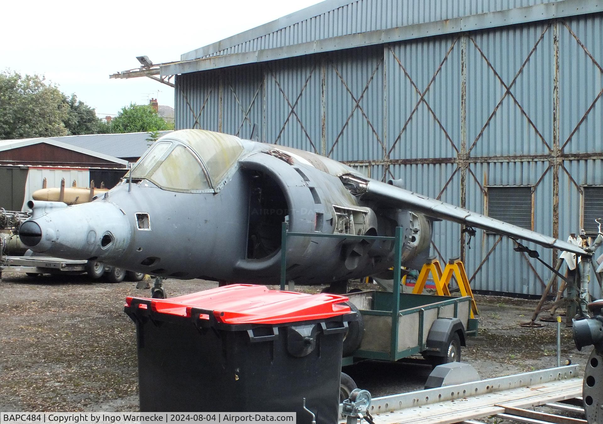 BAPC484, 1967 Hawker Siddeley Harrier GR.1 C/N not found_XV281, Hawker Siddeley Harrier GR1 (forward fuselage of XV281 + aft fuselage of a P.1127 test-rig, vertical tail dismounted) awaiting restoration at the Aeroventure South Yorkshire Aircraft Museum, Doncaster