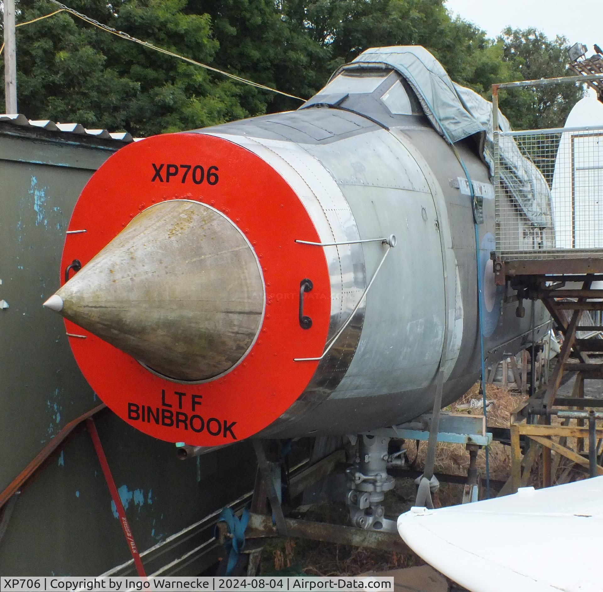 XP706, 1963 English Electric Lightning F.3 C/N 95160, English Electric Lightning F3 (front and aft fuselage separated, here front fuselage) being restored at the Aeroventure South Yorkshire Aircraft Museum, Doncaster