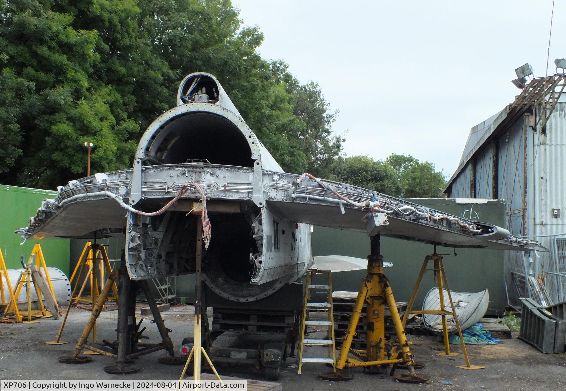 XP706, 1963 English Electric Lightning F.3 C/N 95160, English Electric Lightning F3 (front and aft fuselage separated, here aft fuselage) being restored at the Aeroventure South Yorkshire Aircraft Museum, Doncaster