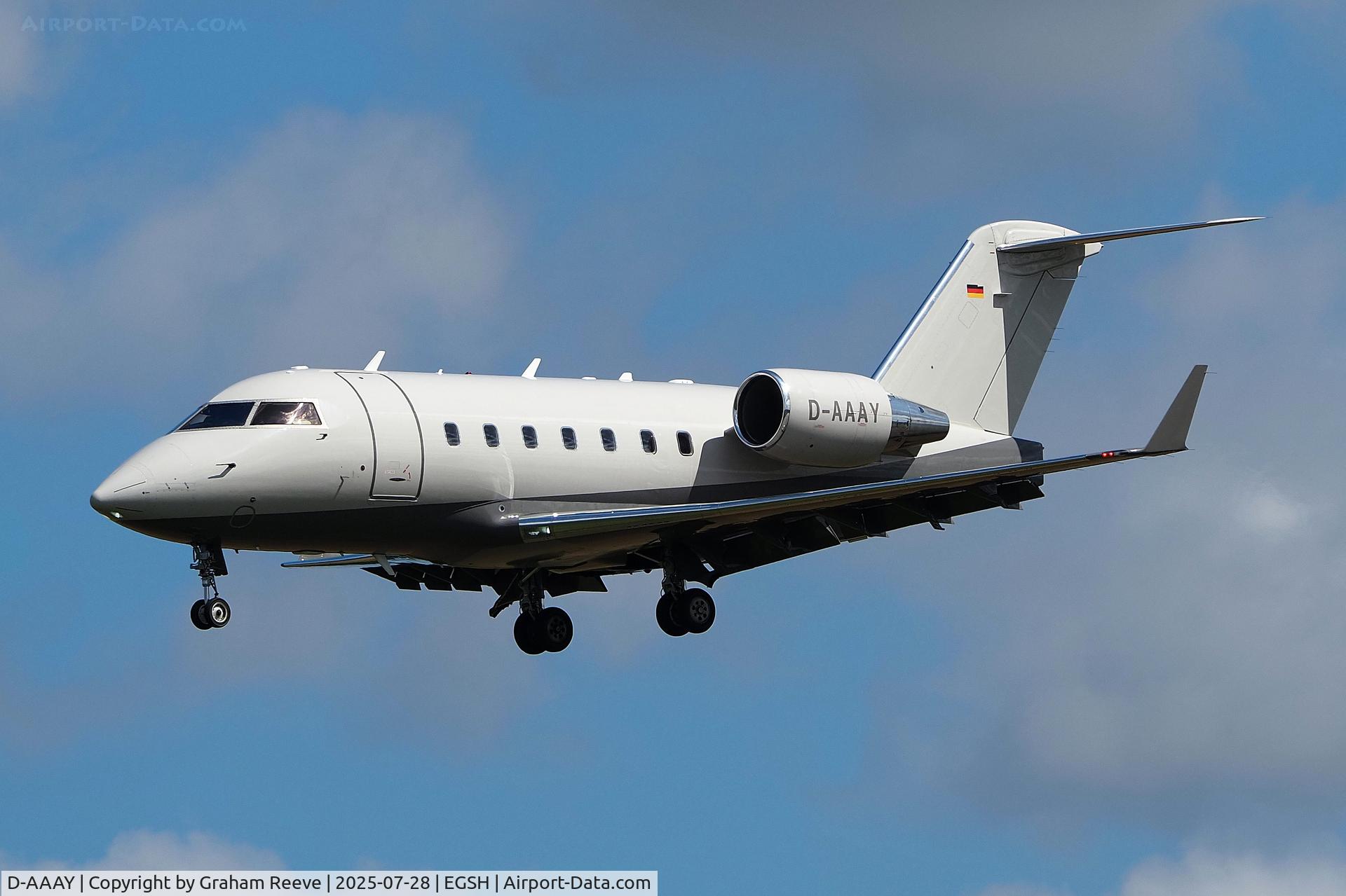D-AAAY, 2004 Bombardier Challenger 604 (CL-600-2B16) C/N 5602, Landing at Norwich.