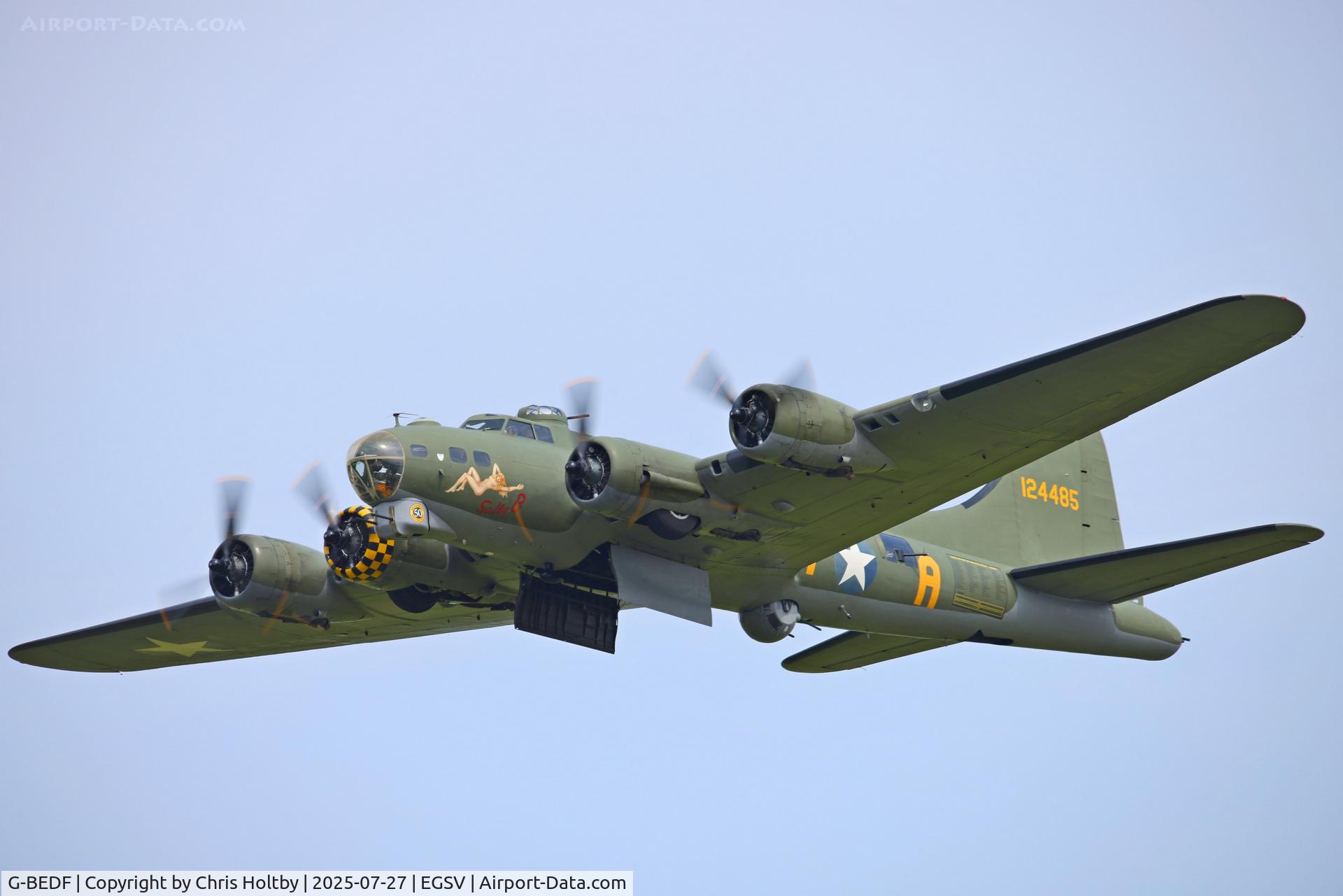 G-BEDF, 1944 Boeing B-17G Flying Fortress C/N 8693, Flypast with bomb doors open at the Old Buckenham Airshow 2025