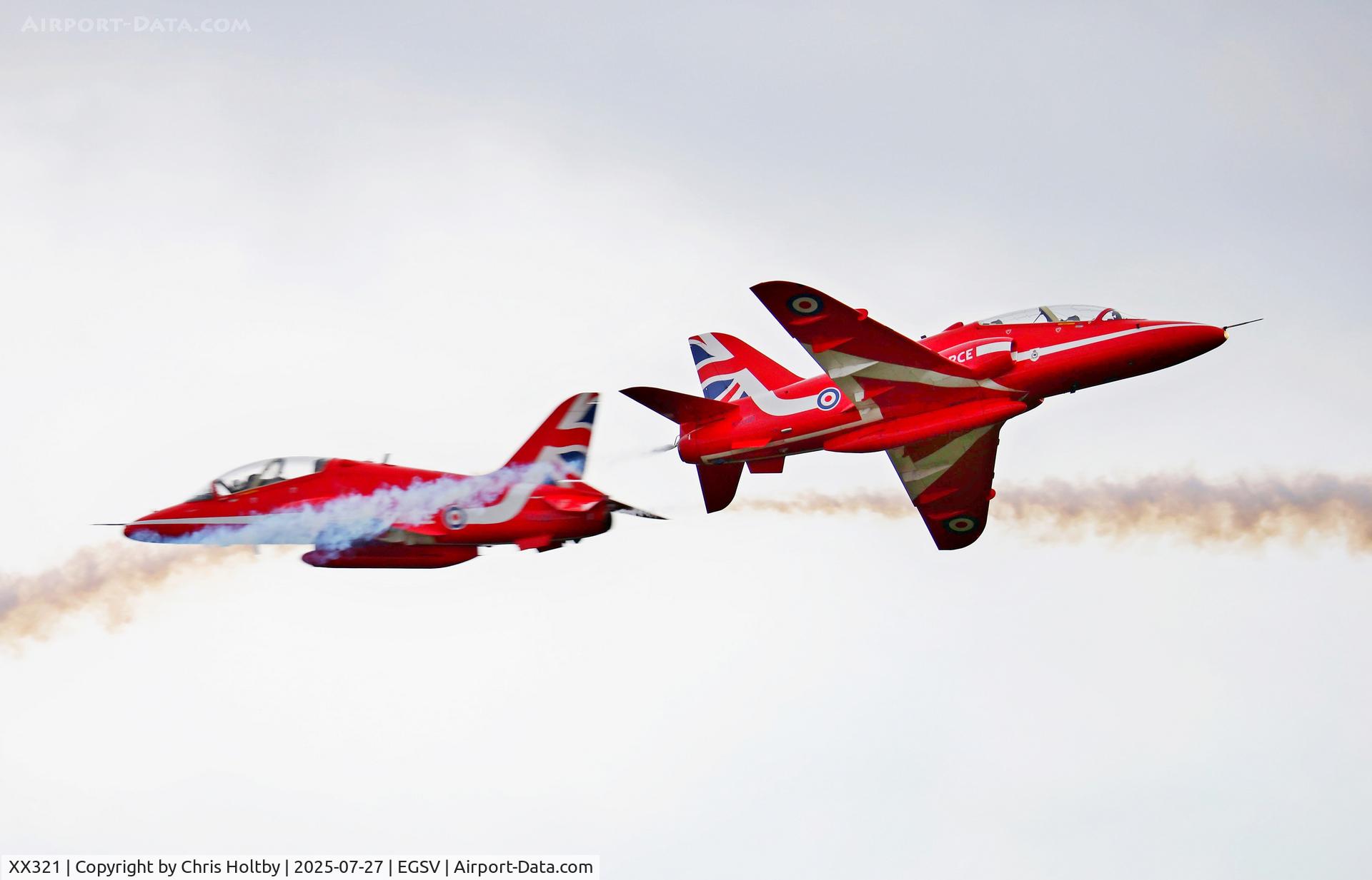 XX321, 1980 Hawker Siddeley Hawk T.1A C/N 164/312146, Low level x-over in the Red Arrows display at the Old Buckenham Airshow 2025