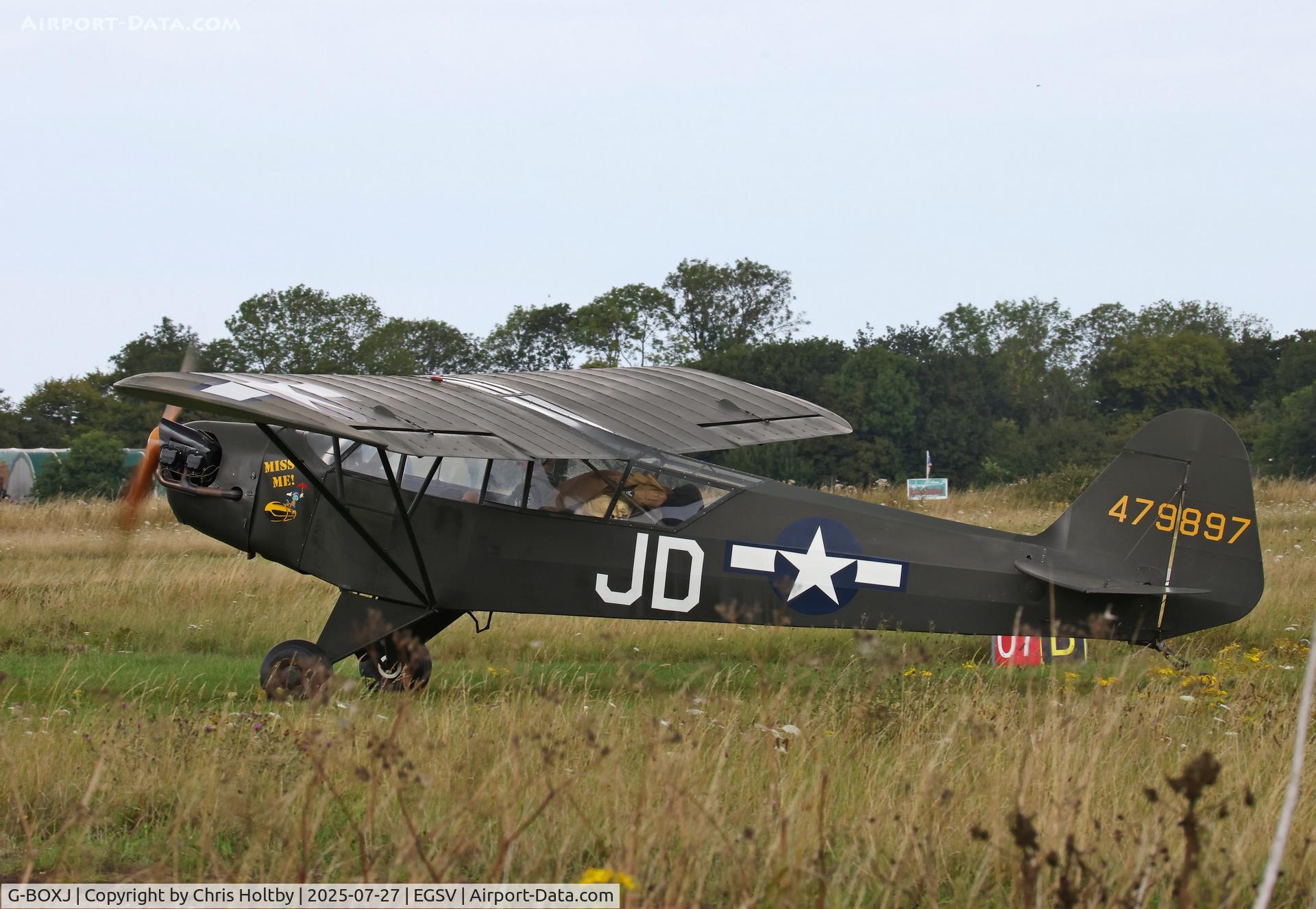 G-BOXJ, 1944 Piper L-4H Grasshopper (J3C-65D) C/N 12193, 1944 Grasshopper ready for take-off for its display at the Old Buckenham Airshow 2025